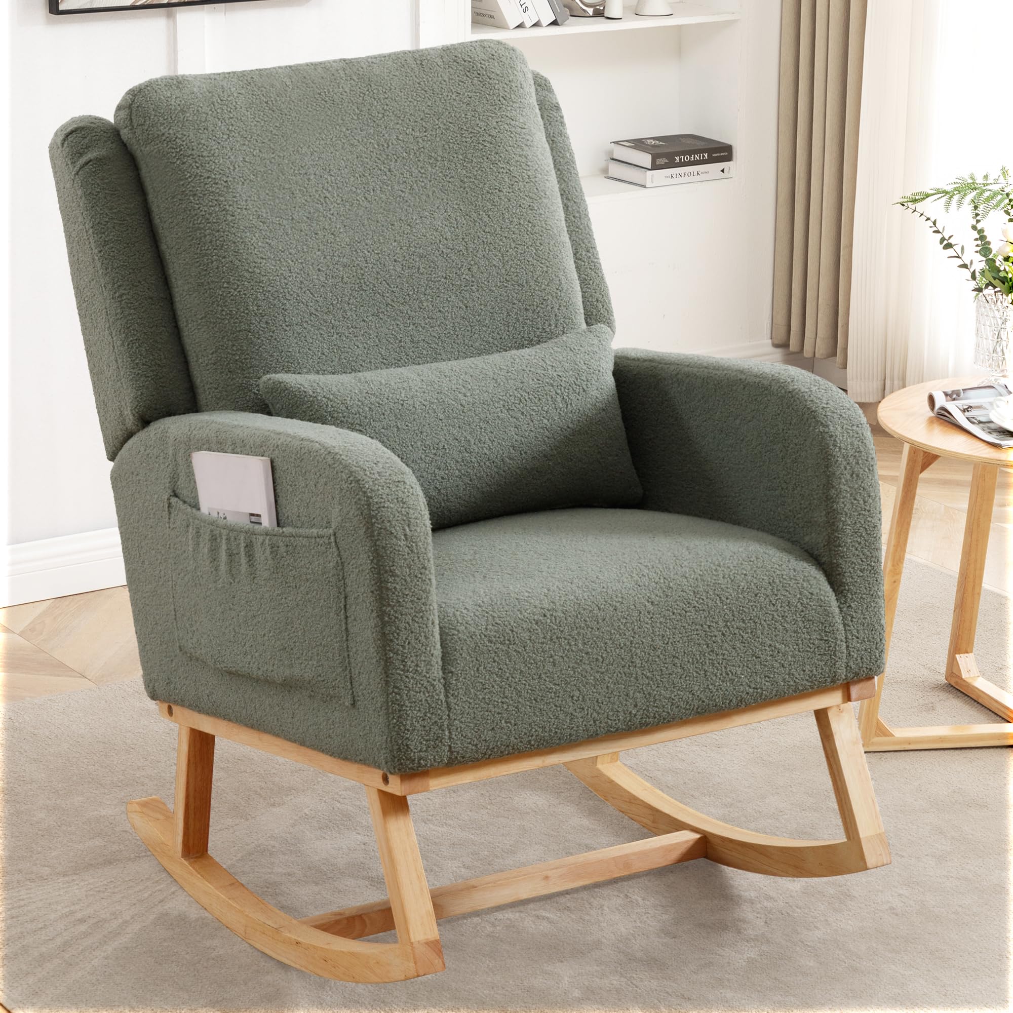 HCHAIRH Rocking Chair Nursery, Sherpa Nursing Rocking Chairs, Upholstered Nursery Glider Rocker for Mom Nursery Morden Accent Rocking Chair with Lumbar Pillow for Living Room,Bedroom,Teddy Green