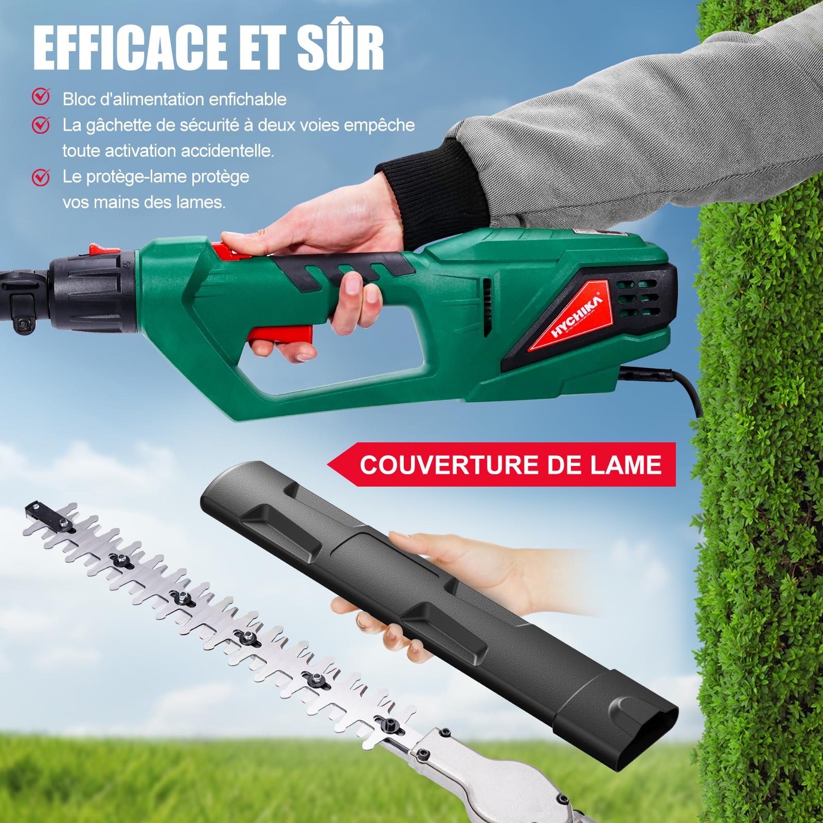 HYCHIKA Taille Haie Télescopique Électrique 900W, Élagueuse sur Perche, Extensible 200-250 cm, Double Interrupteur et Poignée