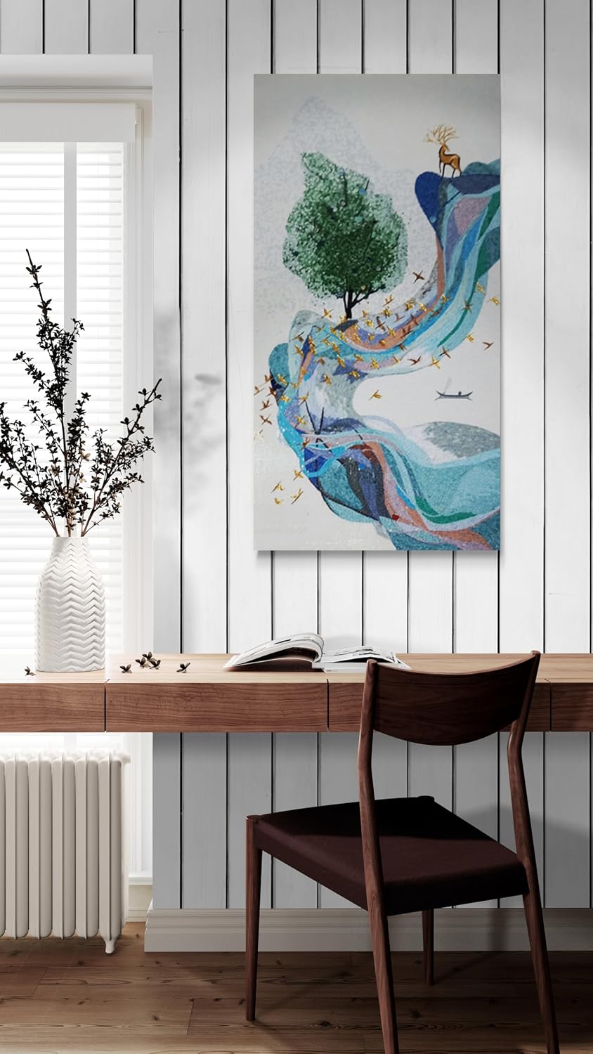 Handmade Modern Nature Glass Mosaic Wall Art, Abstract Botanical Tile Mosaic Tile mural, Hand-Cut Contemporary Wall Décor