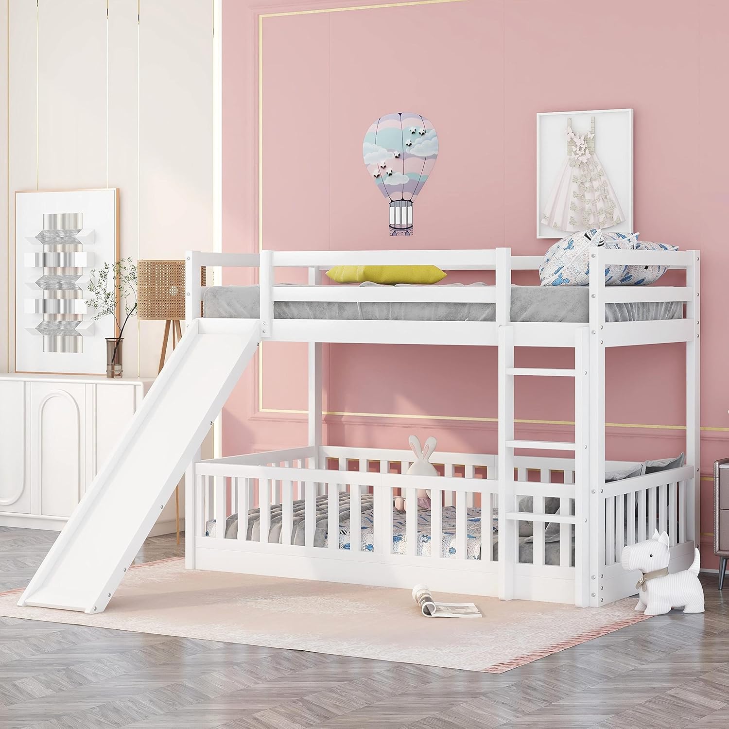 Harper & Bright Designs Twin Bunk Beds with Slide, Kids Wood Twin Over Twin Bunk Beds with Fence, Ladders, Safety Guard Rails for Kids, Toddlers, Teen, No Box Spring Needed (White)