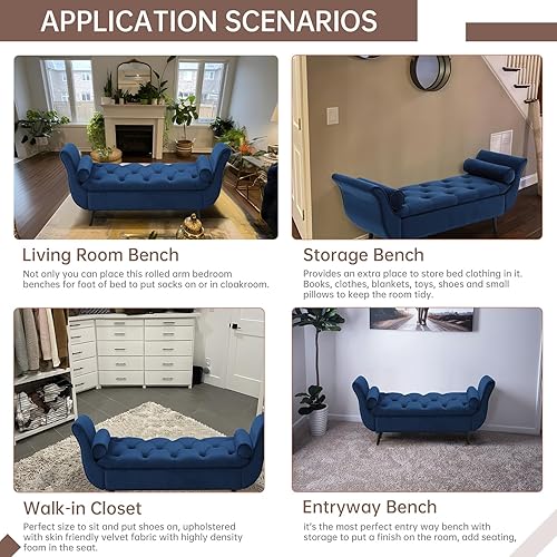 Miniatura 7 de Banco de almacenamiento para dormitorio, banco de pie de cama, tamaño King, largo y moderno tapizado de terciopelo, bancos otomanos con brazo para