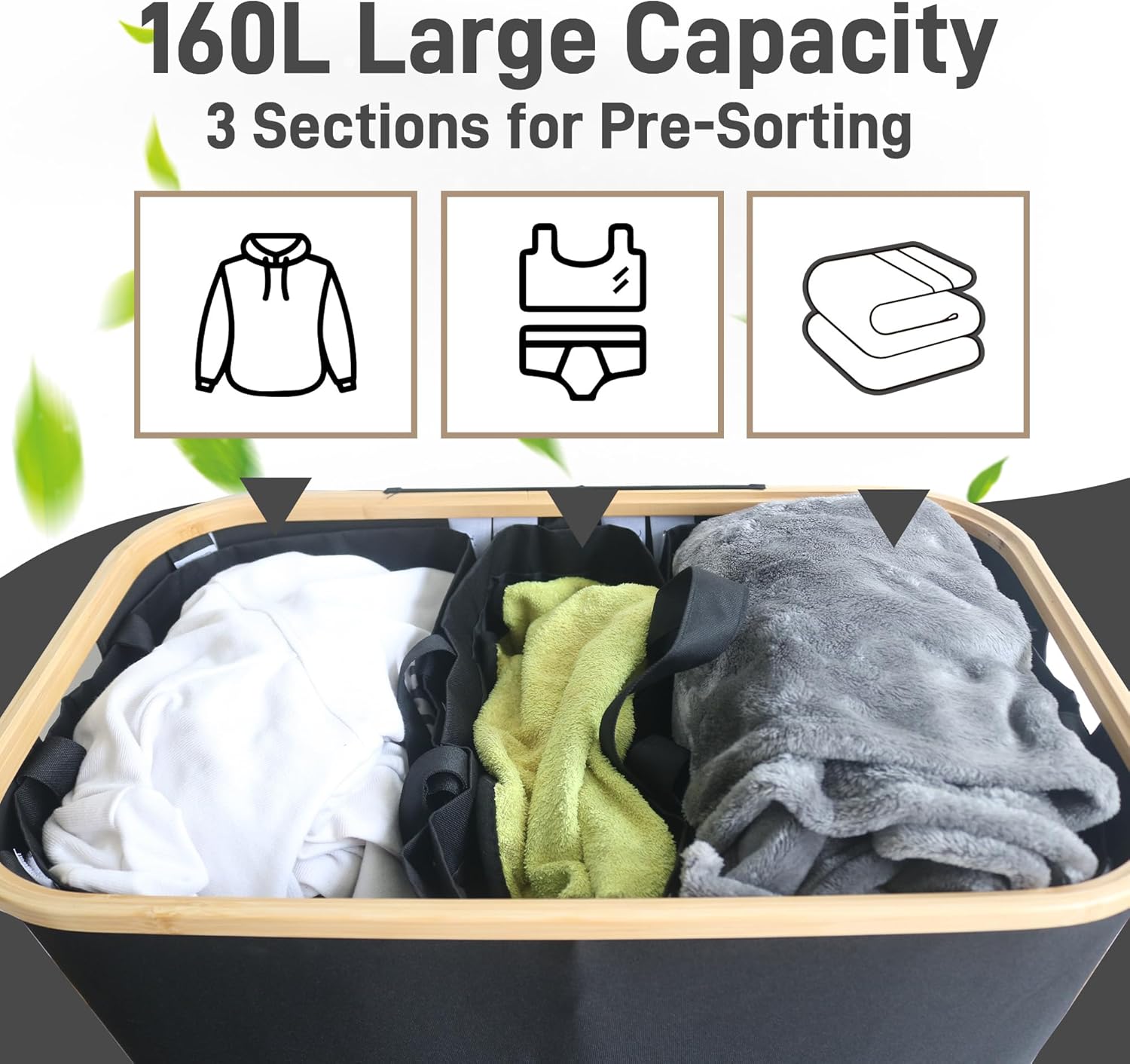 Quibbay 160L Laundry Hamper with Lid, Extra Large Laundry Hamper 3 Section with Bamboo Handles & 3 Removable Bags, Dirty Clothes Hampers for Laundry Room Bedroom Dorm, Laundry Basket with Wheels,Black