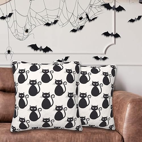 Miniatura 5 de Juego de 2 fundas de almohada decorativas de Halloween, 18 x 18 pulgadas, calabazas y murciélagos neón, fundas de almohada decorativas para casa de