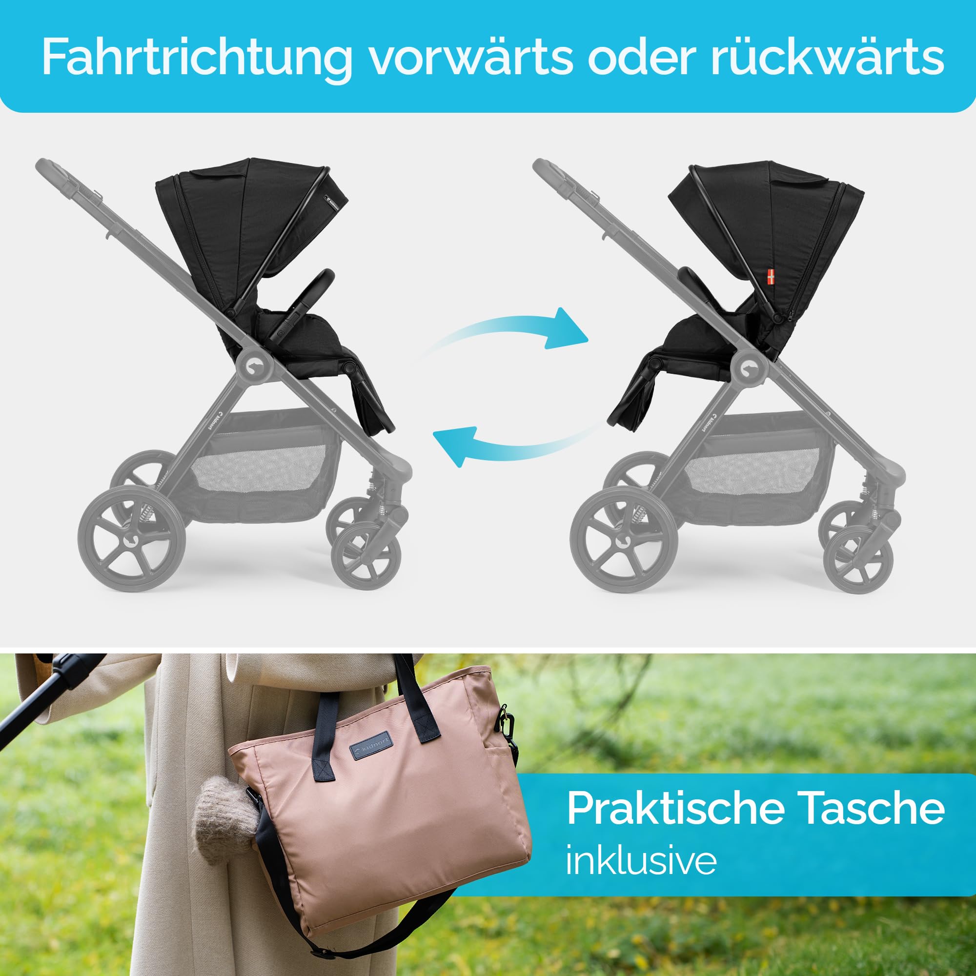Älskar Buggy Kinderwagen wendbarer Sitz faltbar kompakt bis 22 kg UV-Schutzdach 5-Punkt-Gurt Regenverdeck Moskitonetz Schwarz