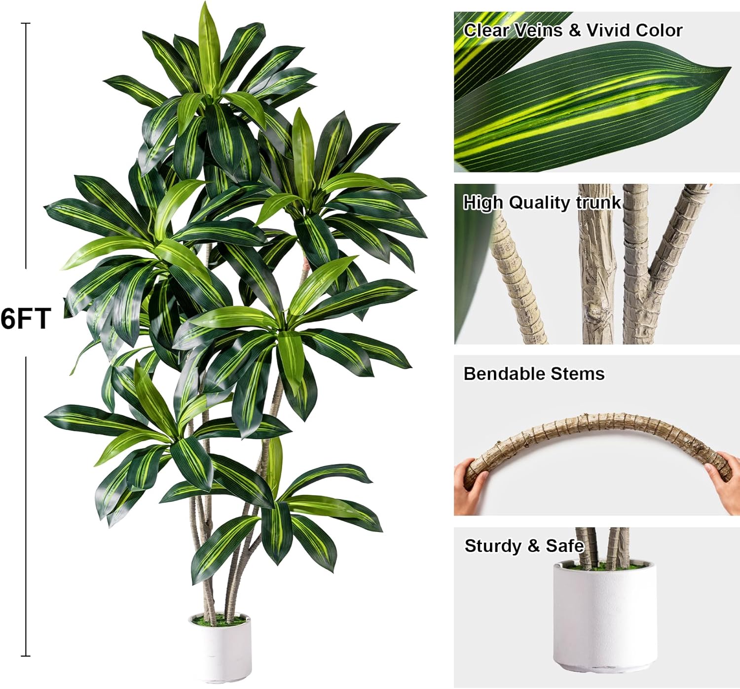 Erimda 6FT Artificial Dracaena Plant Dracaena Fragrans Artificial Tree, Realistic Faux Brazilian Iron Tree with Lifelike Foliage, Sturdy Base & Low Maintenance Fake Floor Plant for Modern Home Decor