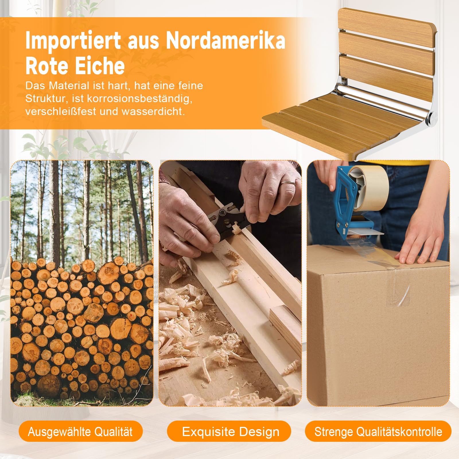 Asiento Ducha Plegable Madera Pared Montada, Silla Abatible Ducha Montado en la Pared ，Taburete Baño Banqueta Ducha para Personas Mayores Minusvalidos Adultos