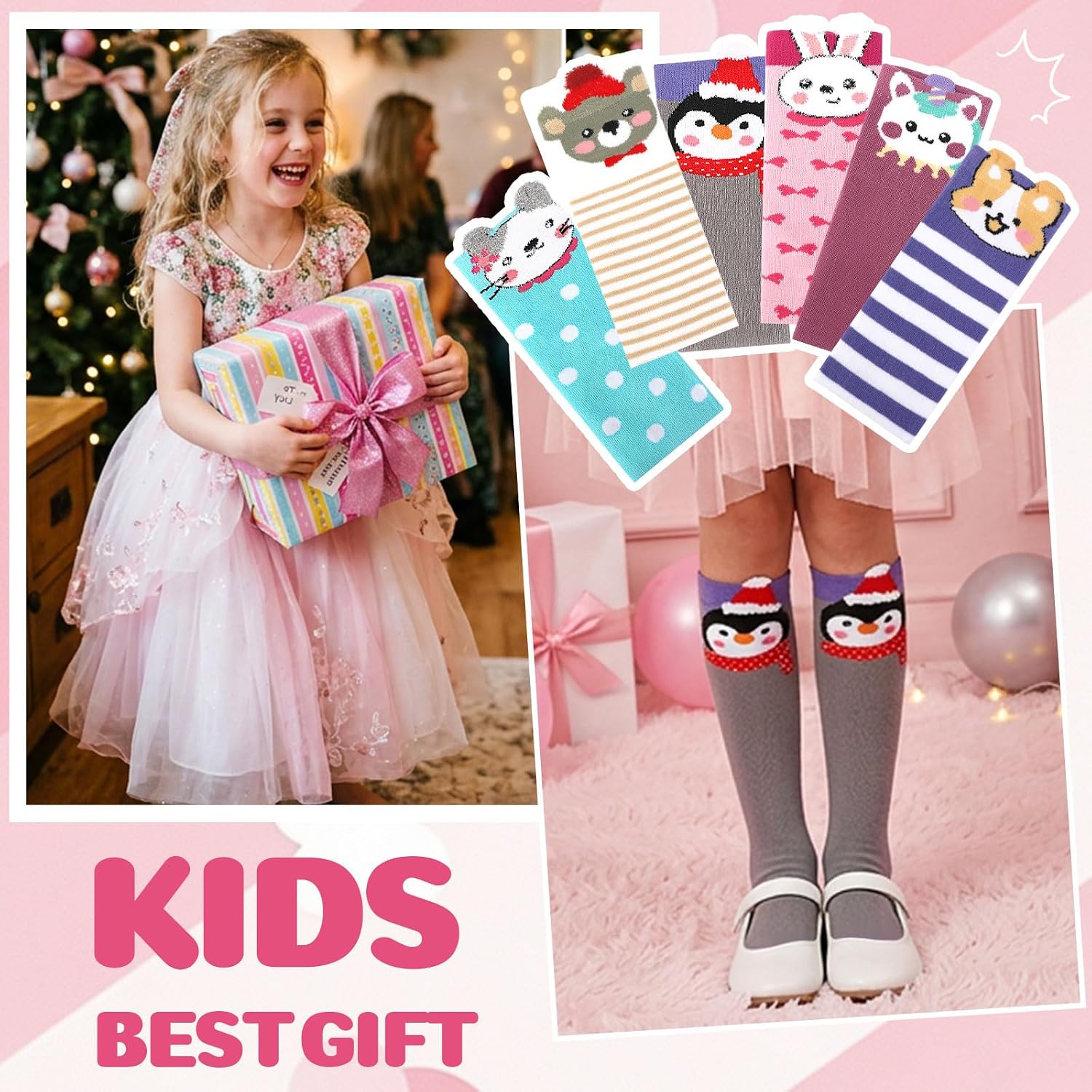 XEPST 6 Pairs Girls Knee High Socks Funny Sock for Odd Socks Day, Animals D