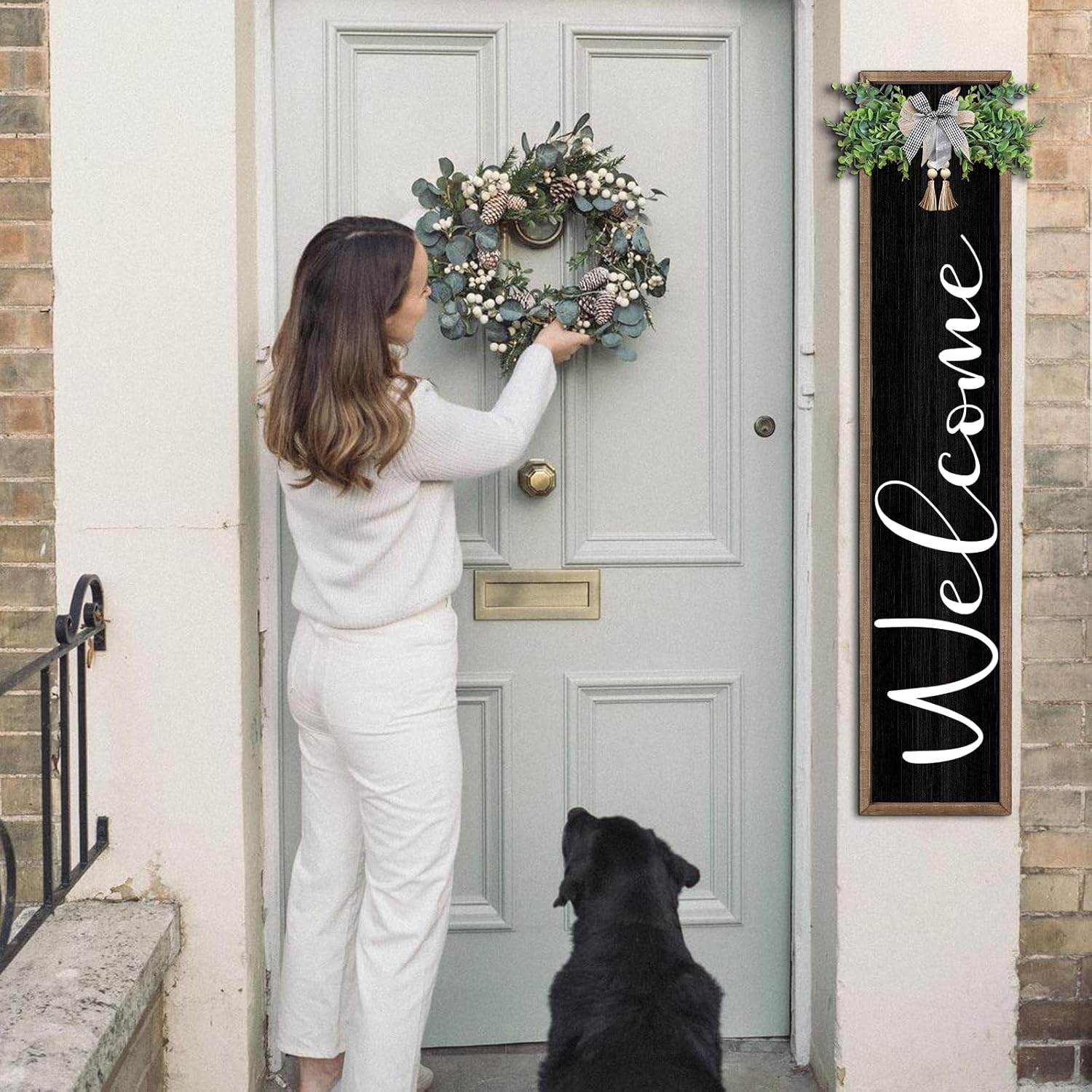 Welcome Sign for Front Porch Standing 45"X9" Large Outdoor Decor Rustic Vertical Leaner Wood Frame Porch Tall Welcome Signs for Farmhouse Outside Front Door Decorations (Wood Black)
