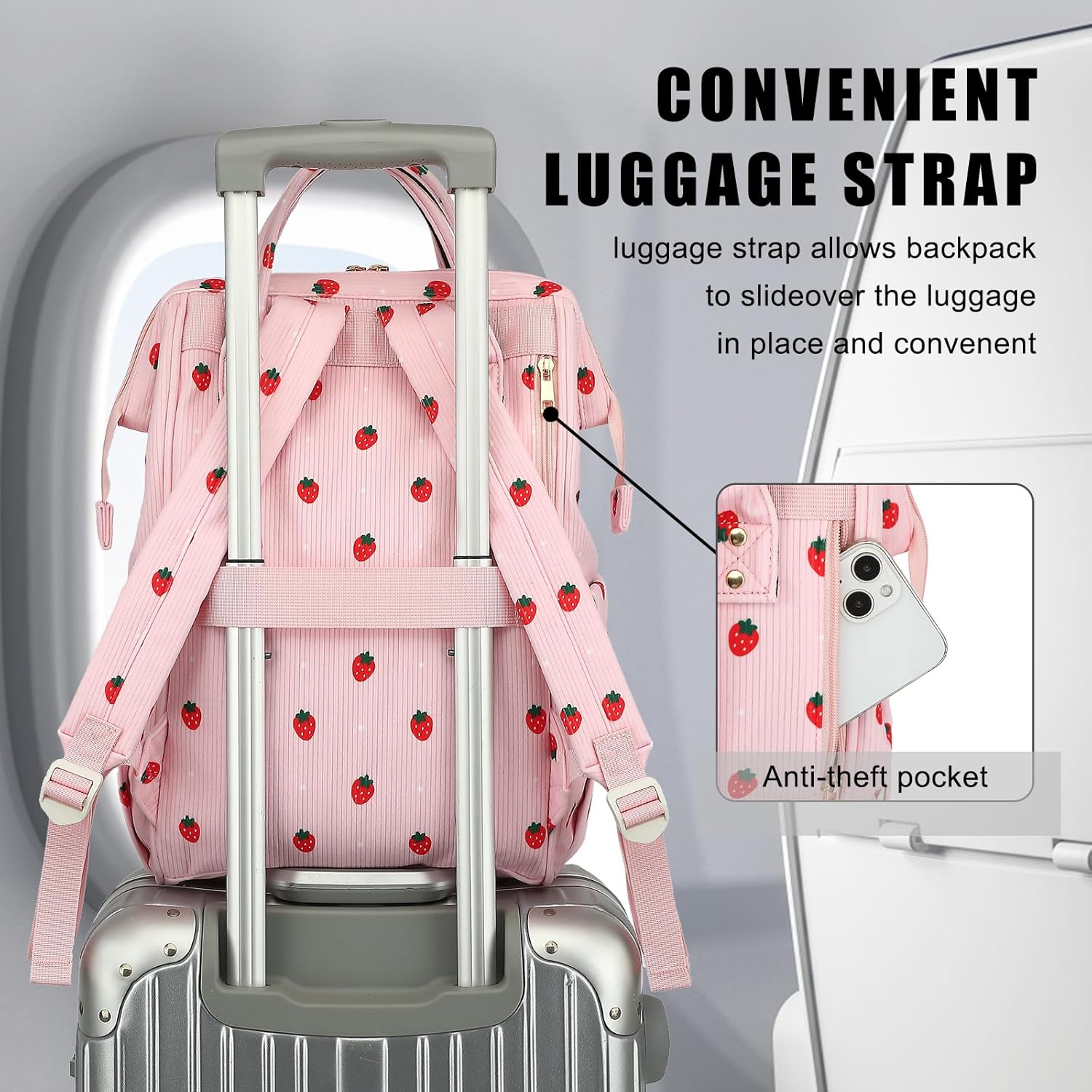 College Laptop Backpack, Travel Backpack for Women, Corduroy Casual Daypack, School Backpack Bookbag for Girls (Pink Corduroy Strawberry) - Image 5