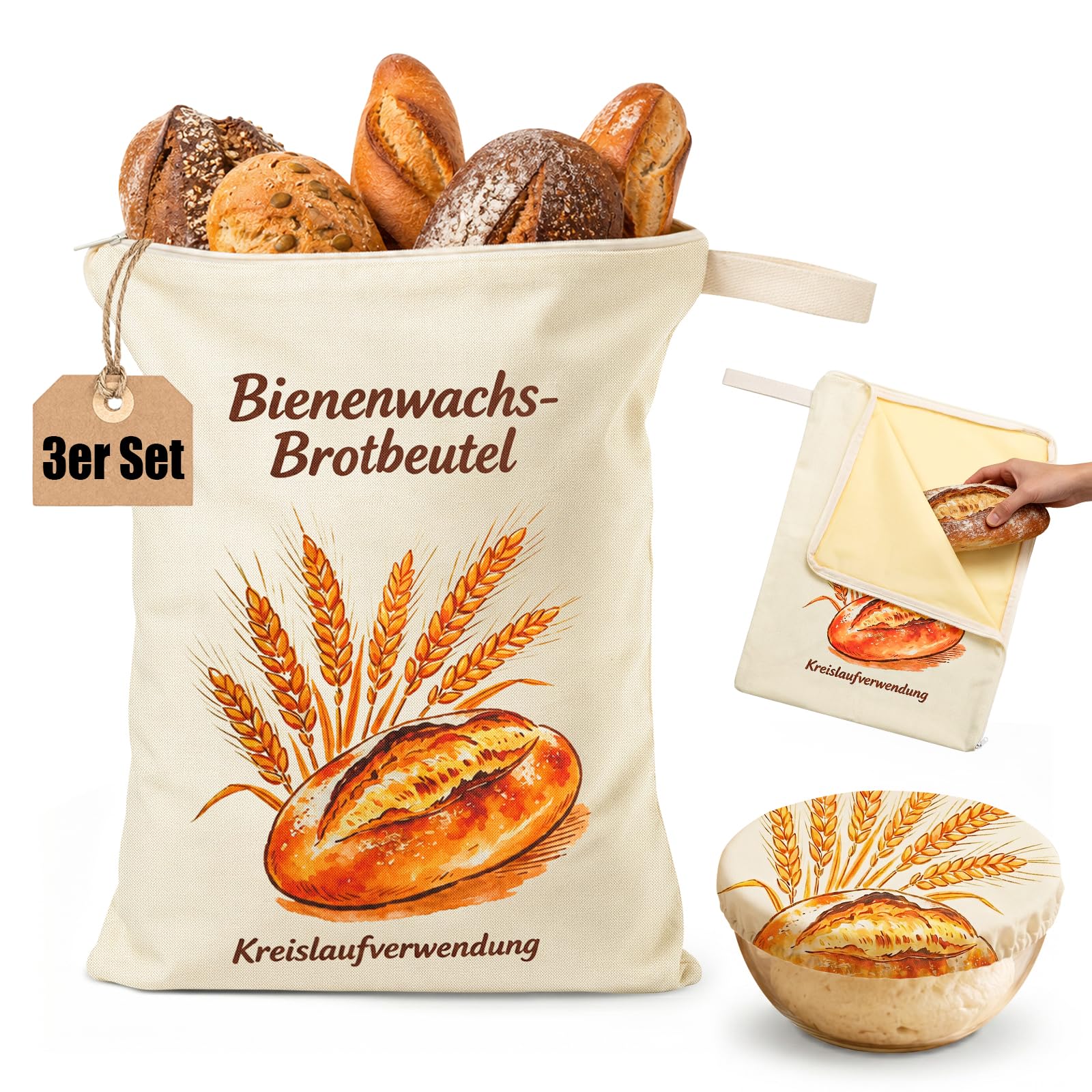 3er-Set Bienenwachs Brotbeutel, Wiederverwendbarer Brotbeutel, 43x32cm | Frischhaltende Baumwolltasche Frischhalten mit Bienenwachsbeschichtung, Schüsseldeckel, für Brot und Backwaren