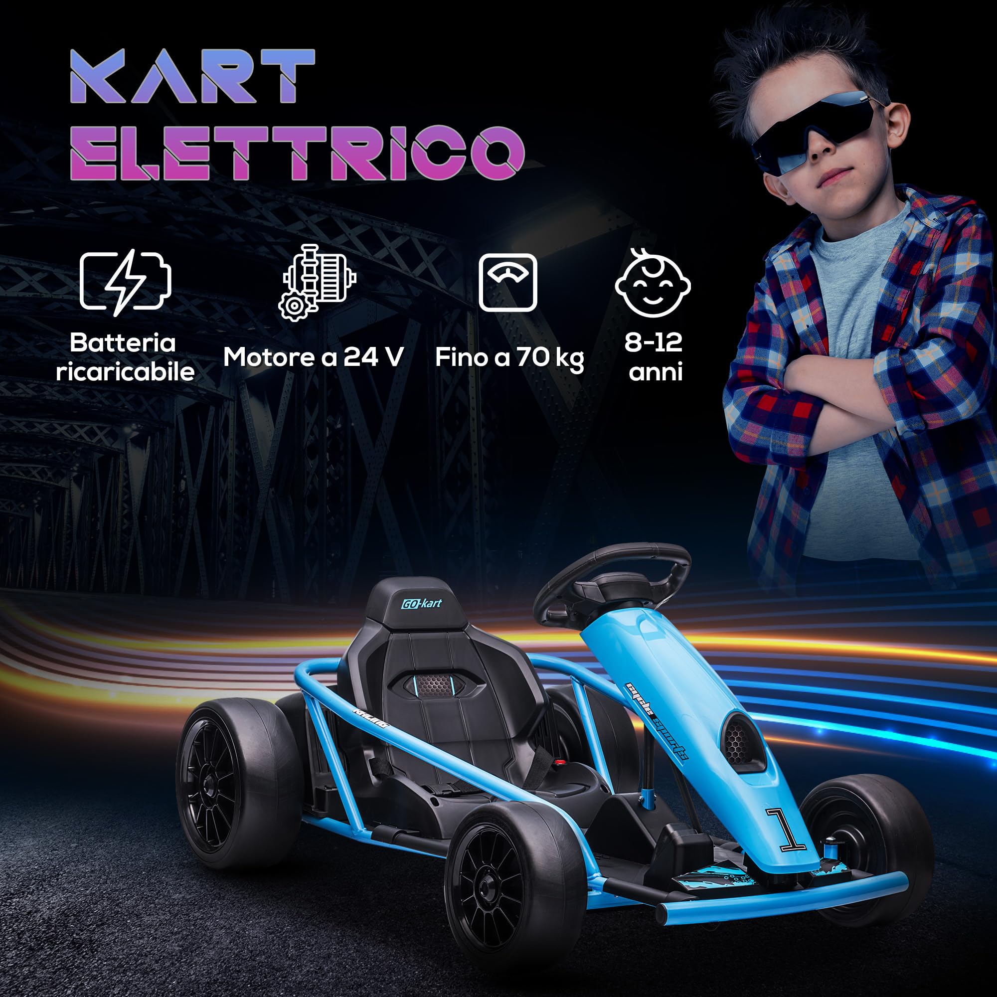 HOMCOM Go Kart Elettrico per Bambini 8-12 Anni 24V 6-13km/h Blu e Nero