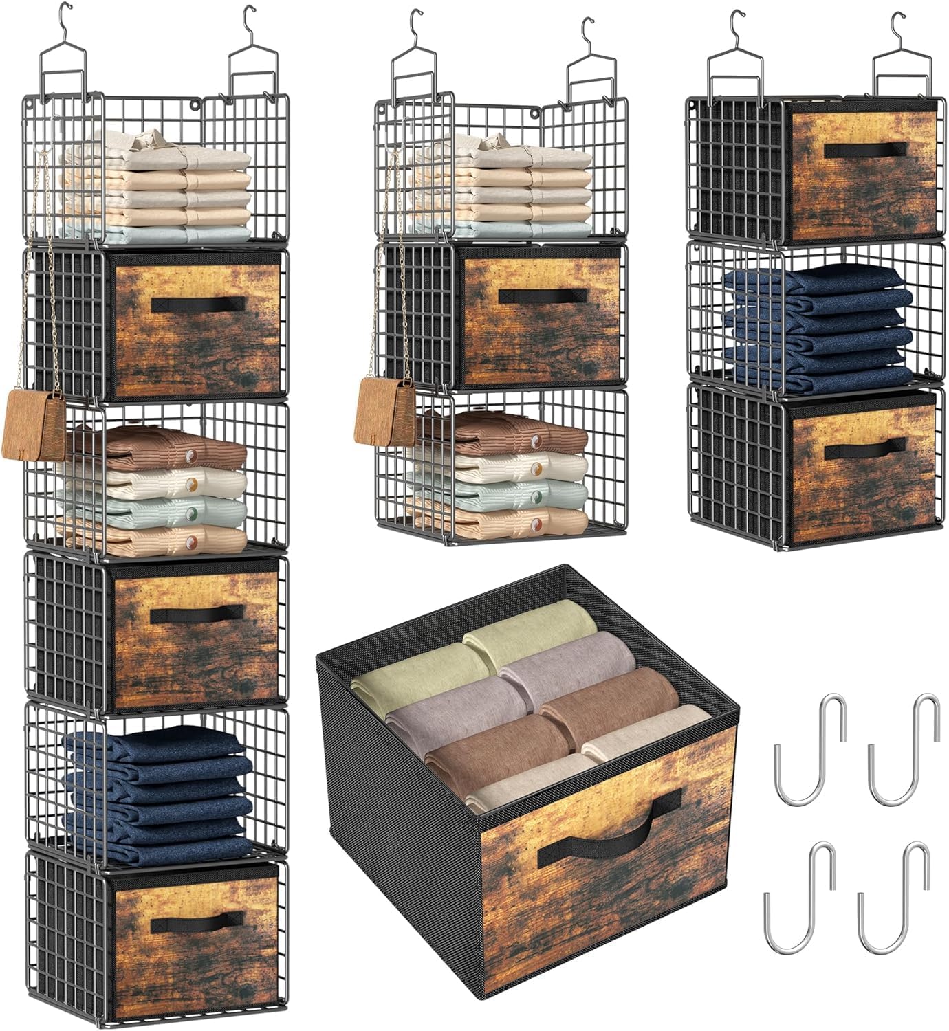 4 Tier White Hanging Closet Organizer + 6 Tier Black Hanging Organizer with Drawers, Wire Storage Shelf for Clothes Sweaters Pants