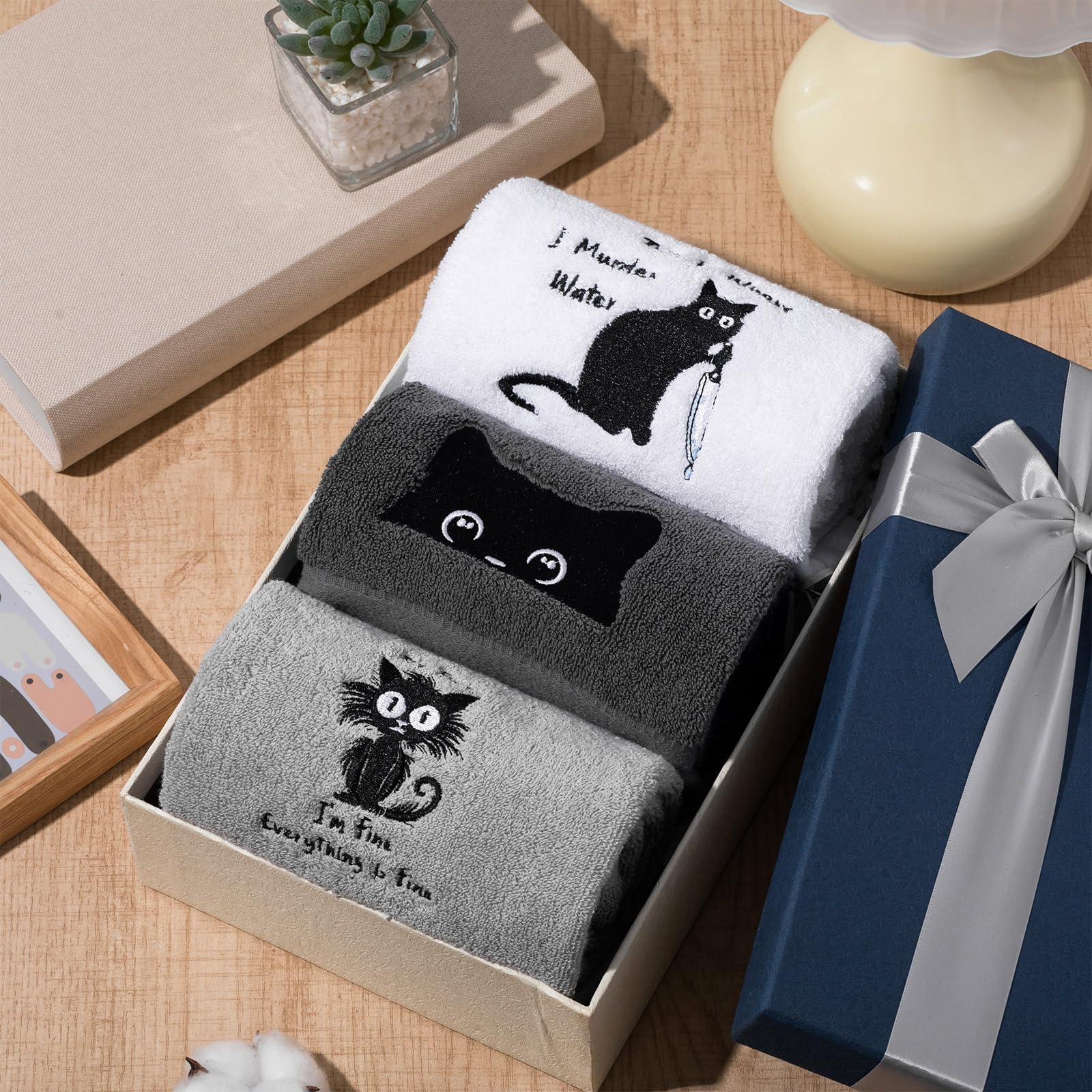 HunnmingRe 3 Toallas de Mano de Gato Negro para Cocina, 13.3 x 29.5 Pulgadas, Divertidas Decoraciones de baño, Lindas Toallas de Cocina de algodón para Amantes de los Gatos, Regalo para Mujeres,