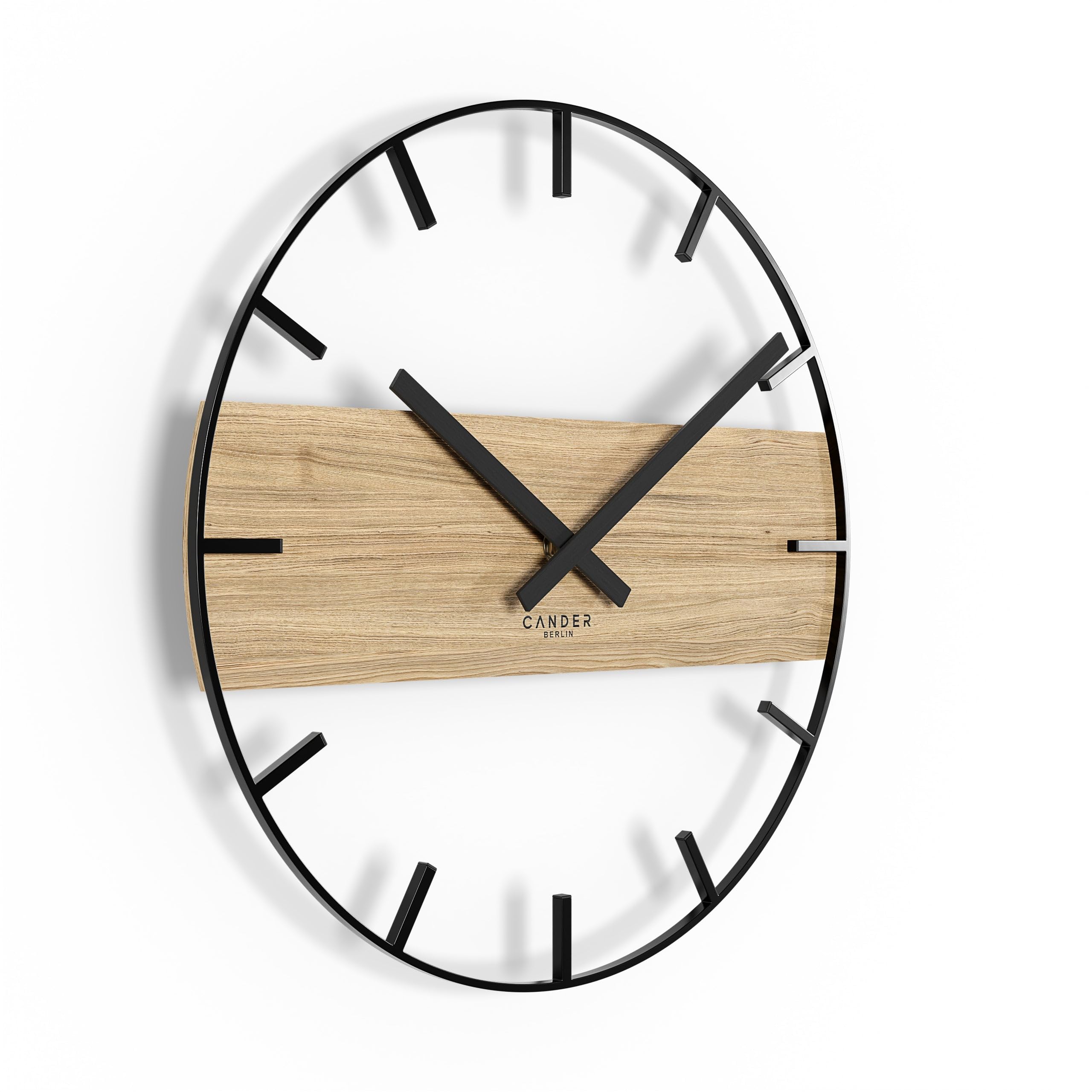 Cander Berlin MARLIT Vintage Wanduhr lautlos 33 cm Metall Holz Eichenfurnier ohne Tickgeräusche modern schwarz Wohnzimmer