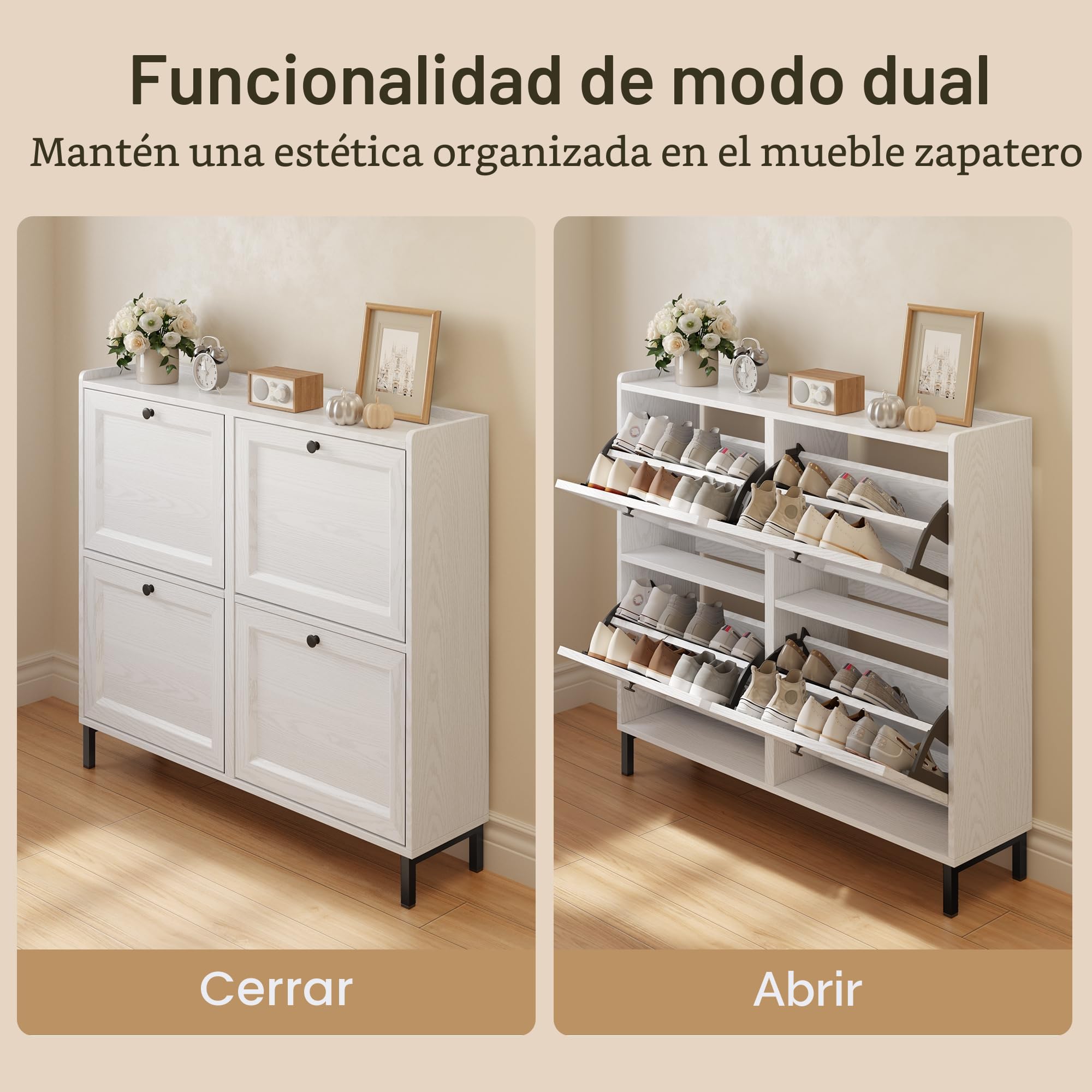 Bealife Zapatero Estrecho, Zapatero 4 Puertas para Entrada o Pasillo Abatibles y Estantes Ajustables para 16 Pares de Zapatos, 99.3x24x91 cm, Color Blanco