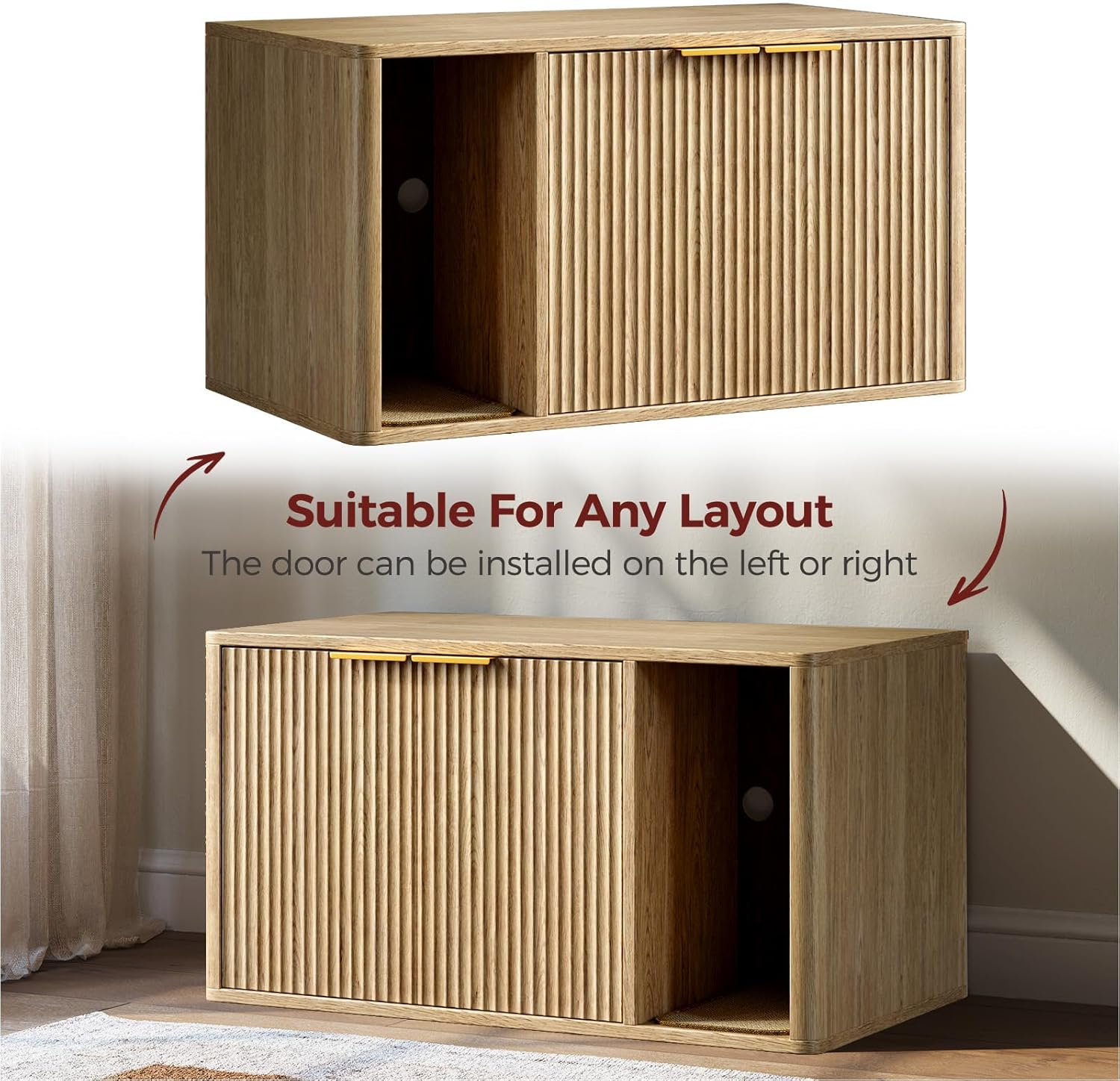 Evermagin 35.4" Oak Cat Litter Box Enclosure Furniture with Cat Scratch Pad, Large Hidden Litter Box Cabinet with Rounded Corners, Front Entry Can Install Left/Right, Mid Century Modern Kitty Bench
