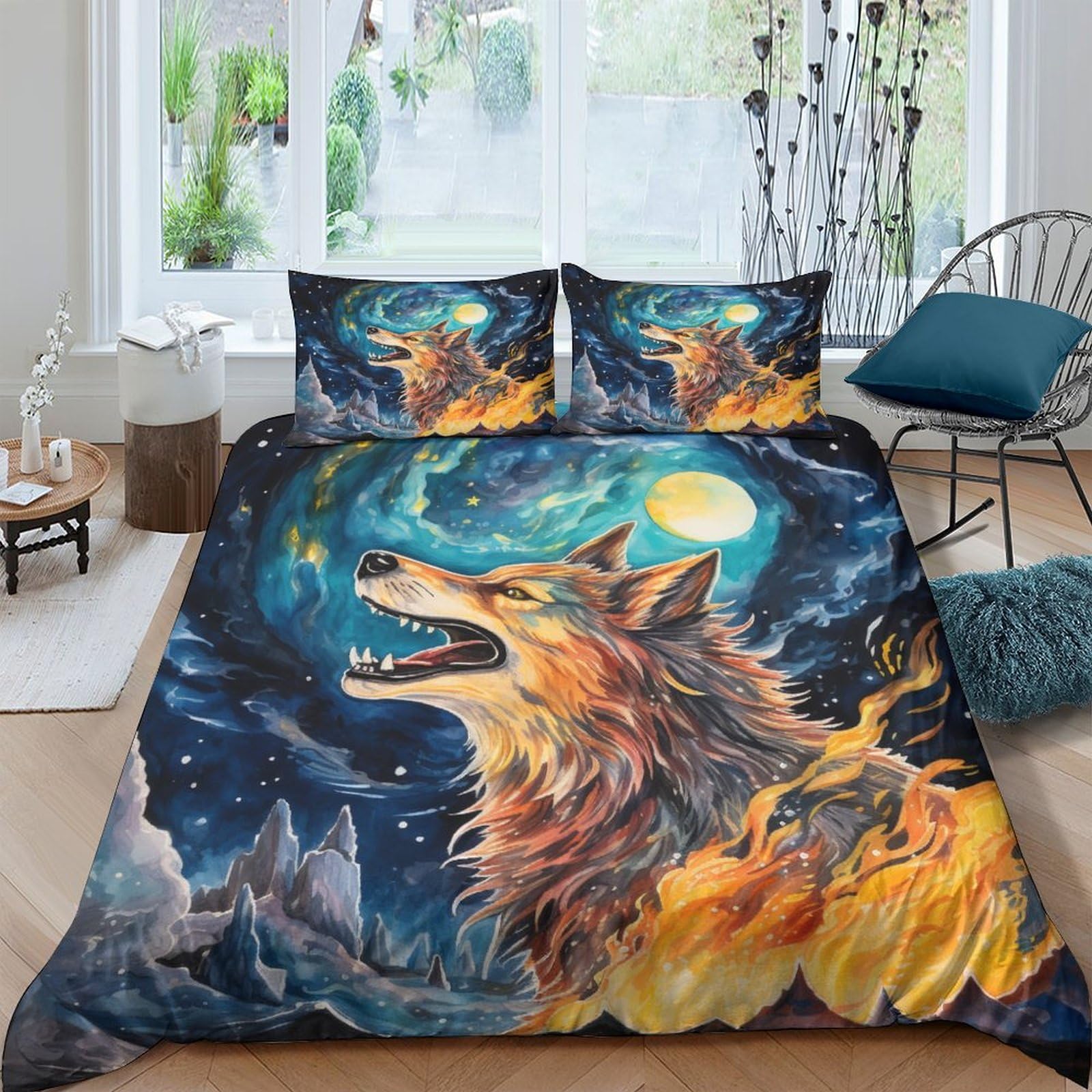 Housse de couette loup de flamme impression 3D haute définition parure de lit king en microfibre