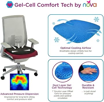 NOVA Happy Tush Extra Wide Gel Cell Seat Cushion, Double-Layer Pressure-Relief Gel, Foldable & Portable, Water-Resistant, Washable Non-Slip Cover, Home, Office & Travel
