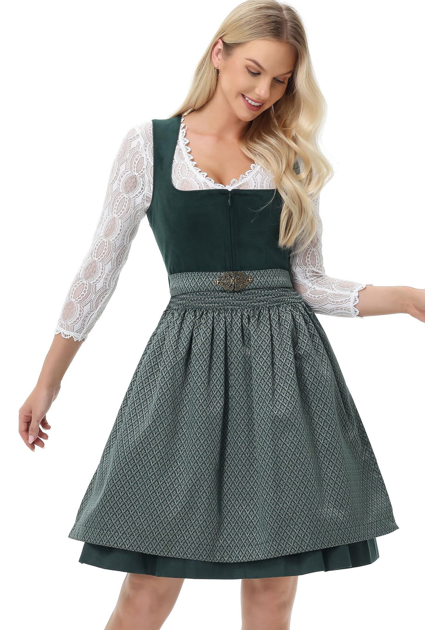 TrendiMax Damen Midi Dirndl - Elegant Samt Dirndlkleid Trachtenkleid für Oktoberfest mit Blumenmuster Schürze 34-46