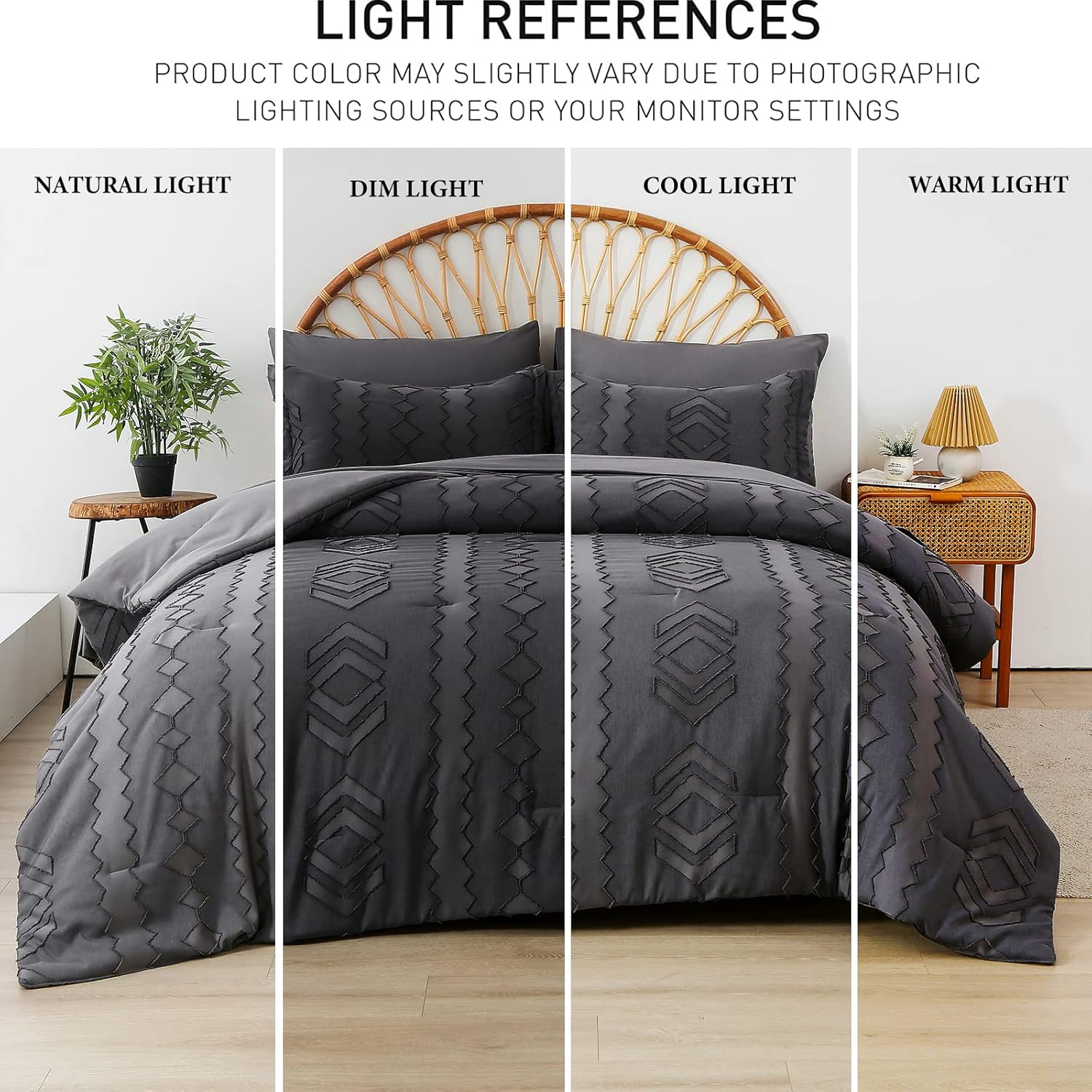 WURUIBO Tufted Dark Grey Queen Comforter Set,7 Piece Bed in a Bag Boho Shabby Chic Jacquard Comforter and Sheet Set,Farmhouse Soft Microfiber Bedding Set for All Season(Dark Grey,Queen)