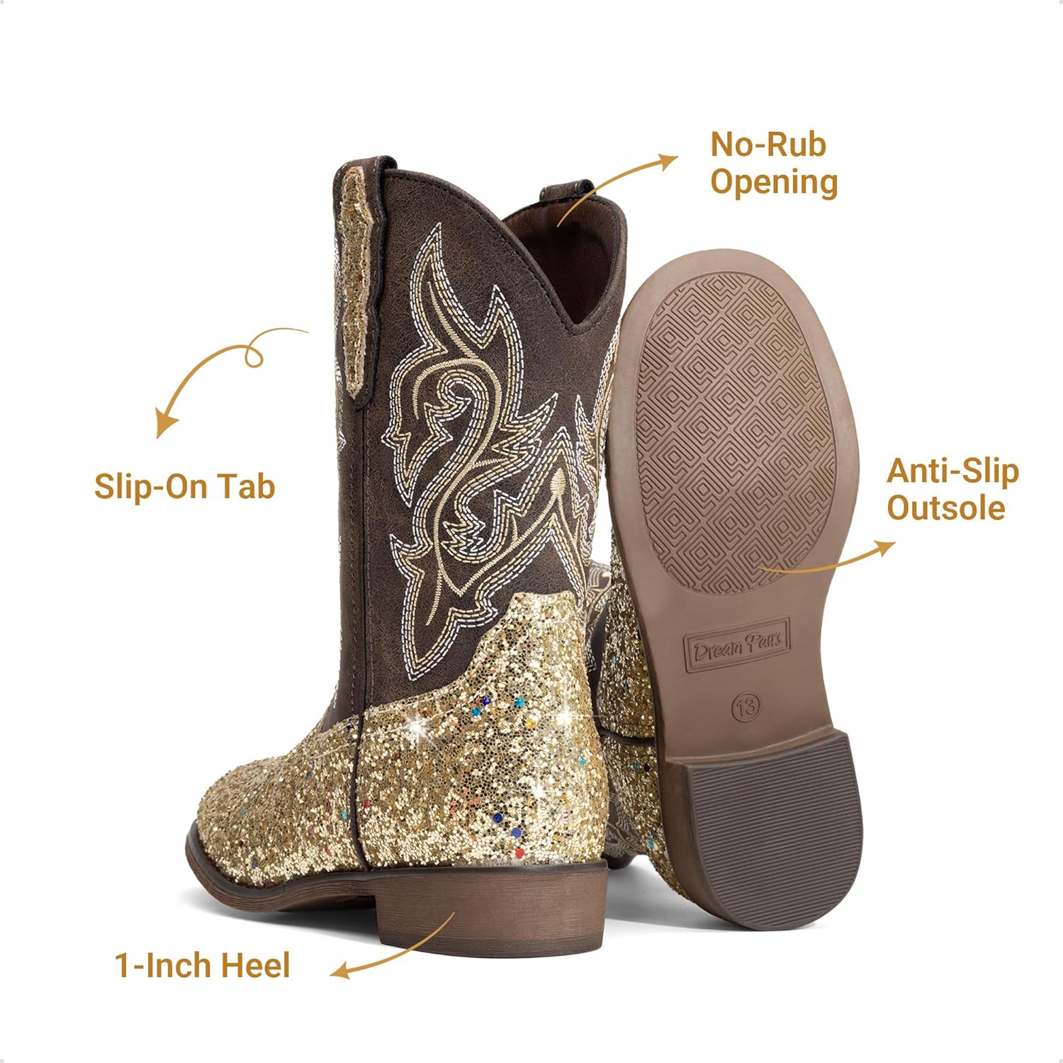 DREAM PAIRS Girls Cowgirl Boots Glitter Toddler Cowboy Boots Child Mid Calf Riding Shoes Party Birthday Dress Up for Toddler/Little/Big Kid