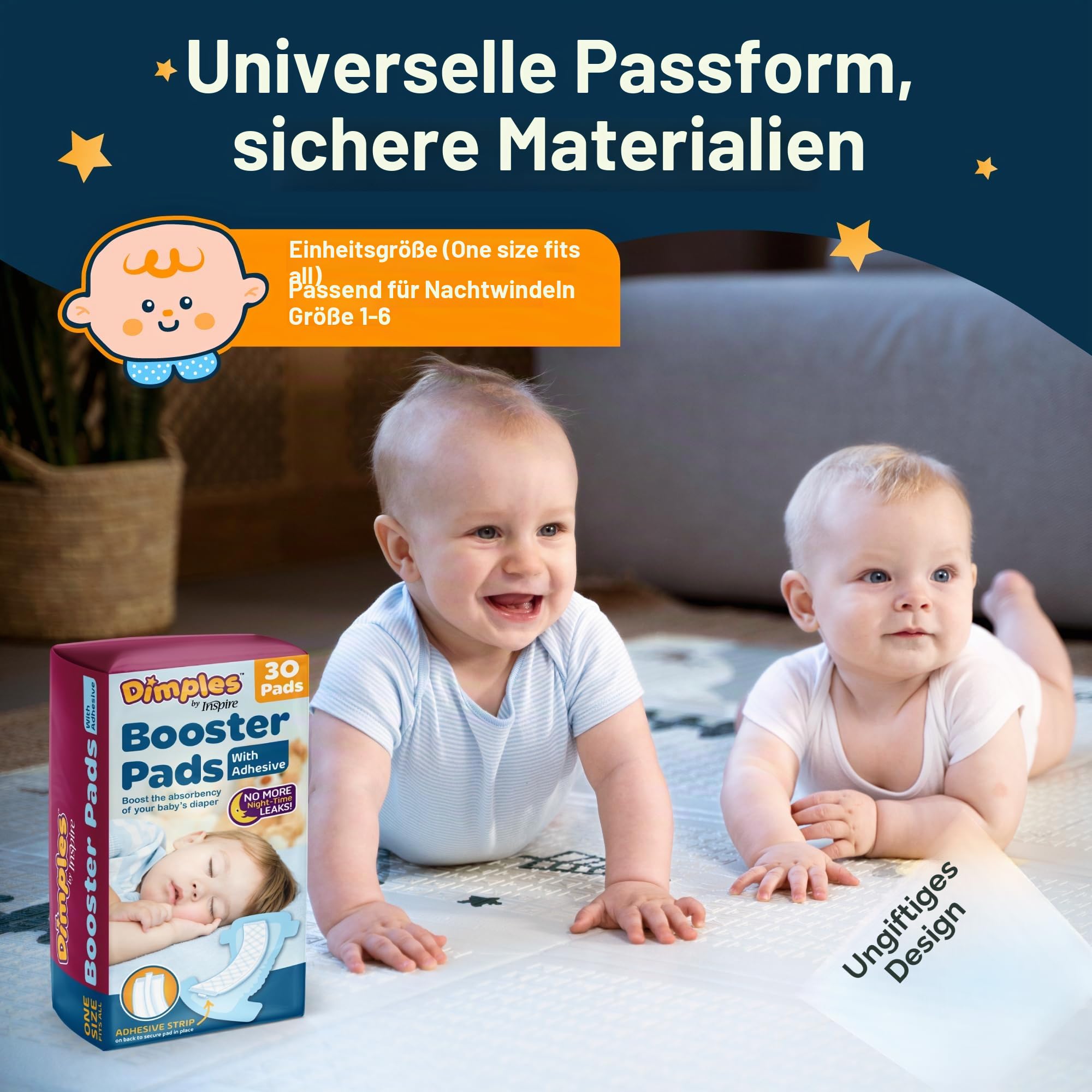 Dimples Booster Pads, Baby-Windeldoppelter mit Kleber – steigert die Saugfähigkeit von Windeln – kein Auslaufen mehr 30 Stück (mit Kleber für sicheren Sitz)