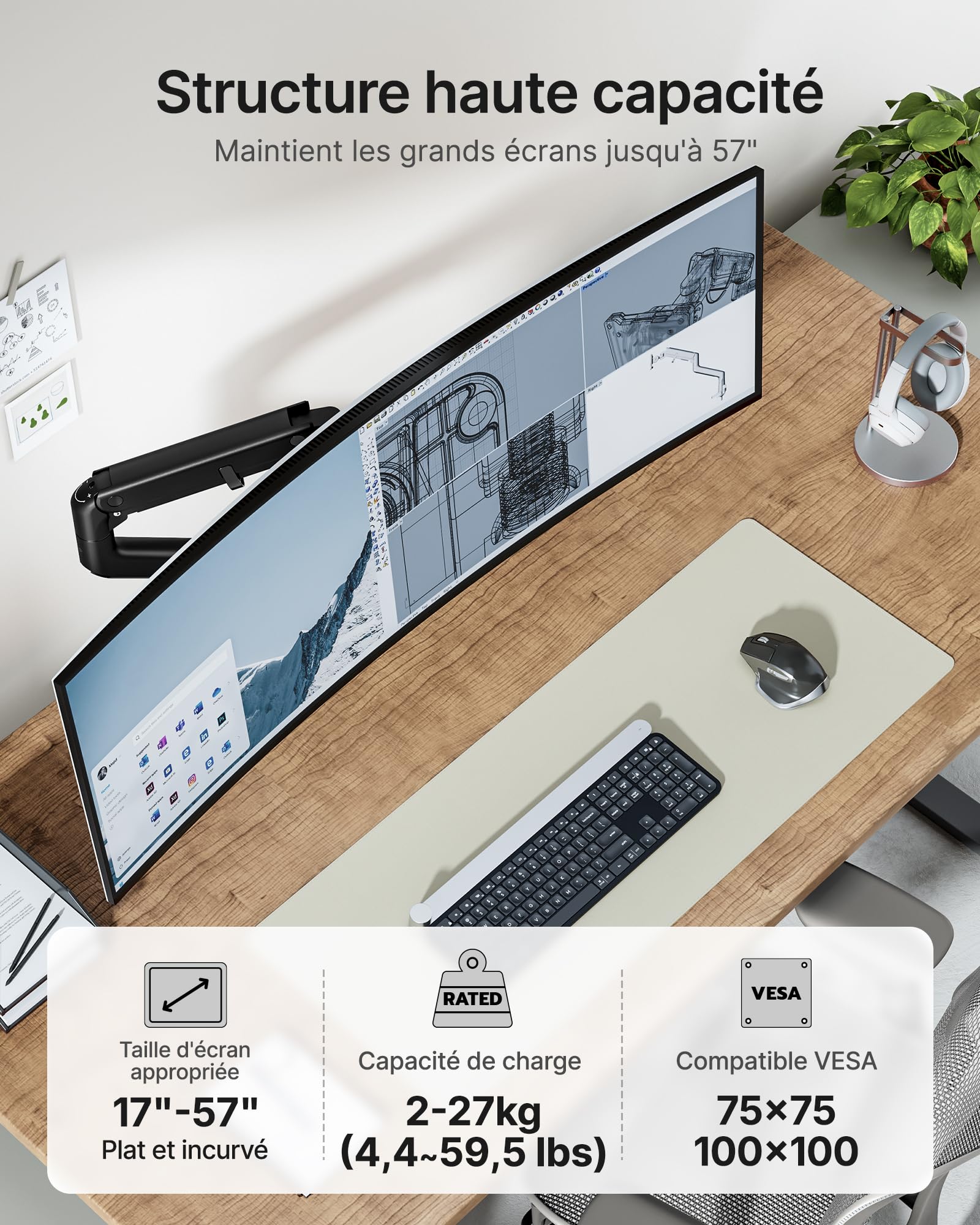 monTEK Bras Ecran PC17 à 57",Ports USB-A/C,VESA75/100,Charge Max27Kg