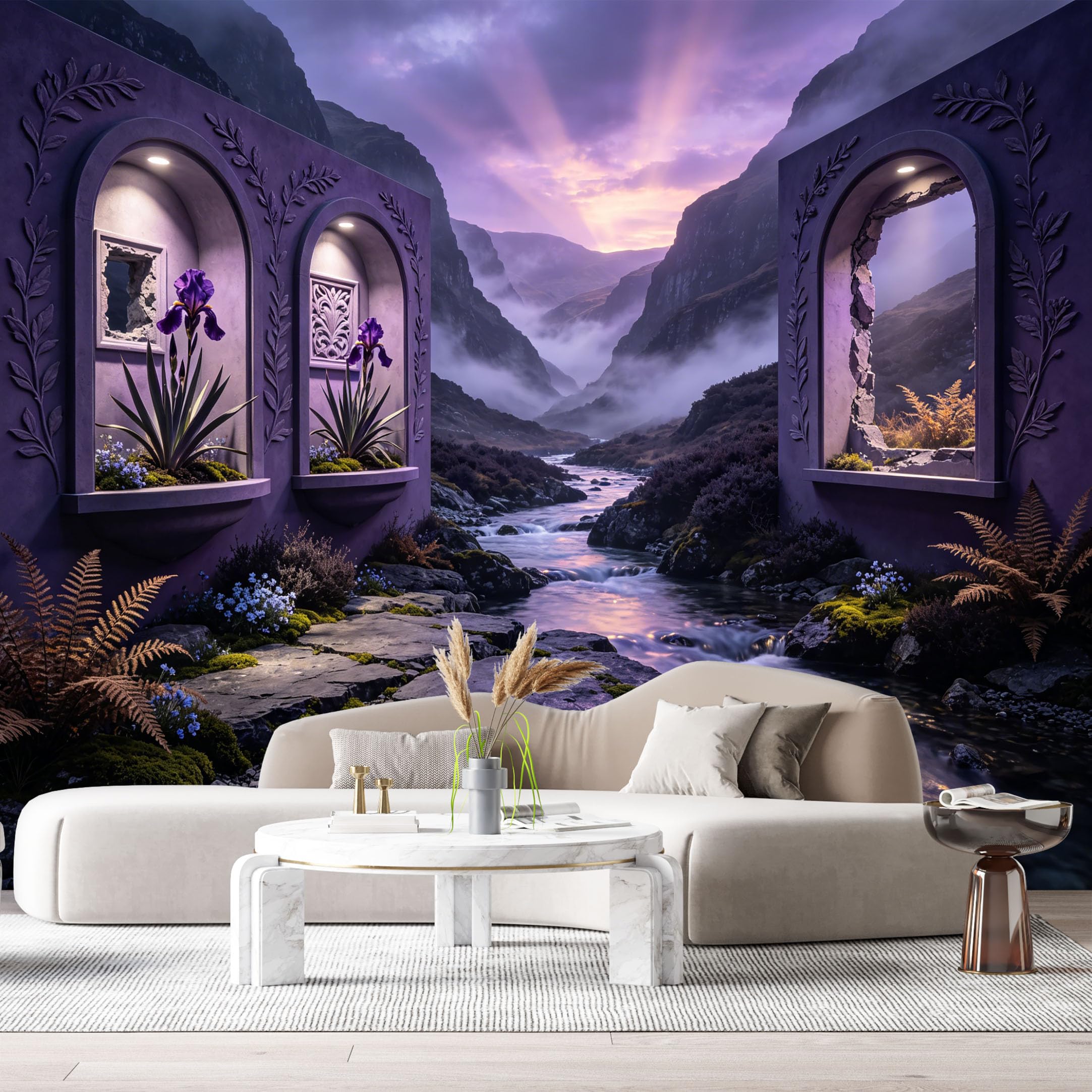 Custom Size Wall Murals Purple Mountain Lake Landscape 3D Trompe L'Oeil Iris Floral Archway SelfAdhesive Wall Fabric Removable Large Wallpaper Photo for Living Room