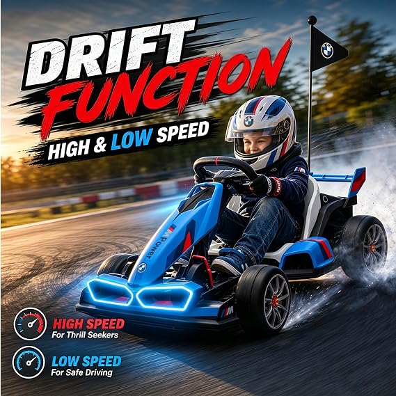 Licensed BMW Electric Go Kart, 36V Drift Kart with 600W Motor, Outdoor Driftable Kids Race Pedal Go Karting Car w/Adjustable Seat, Lights, for 6 Years Old, Blue