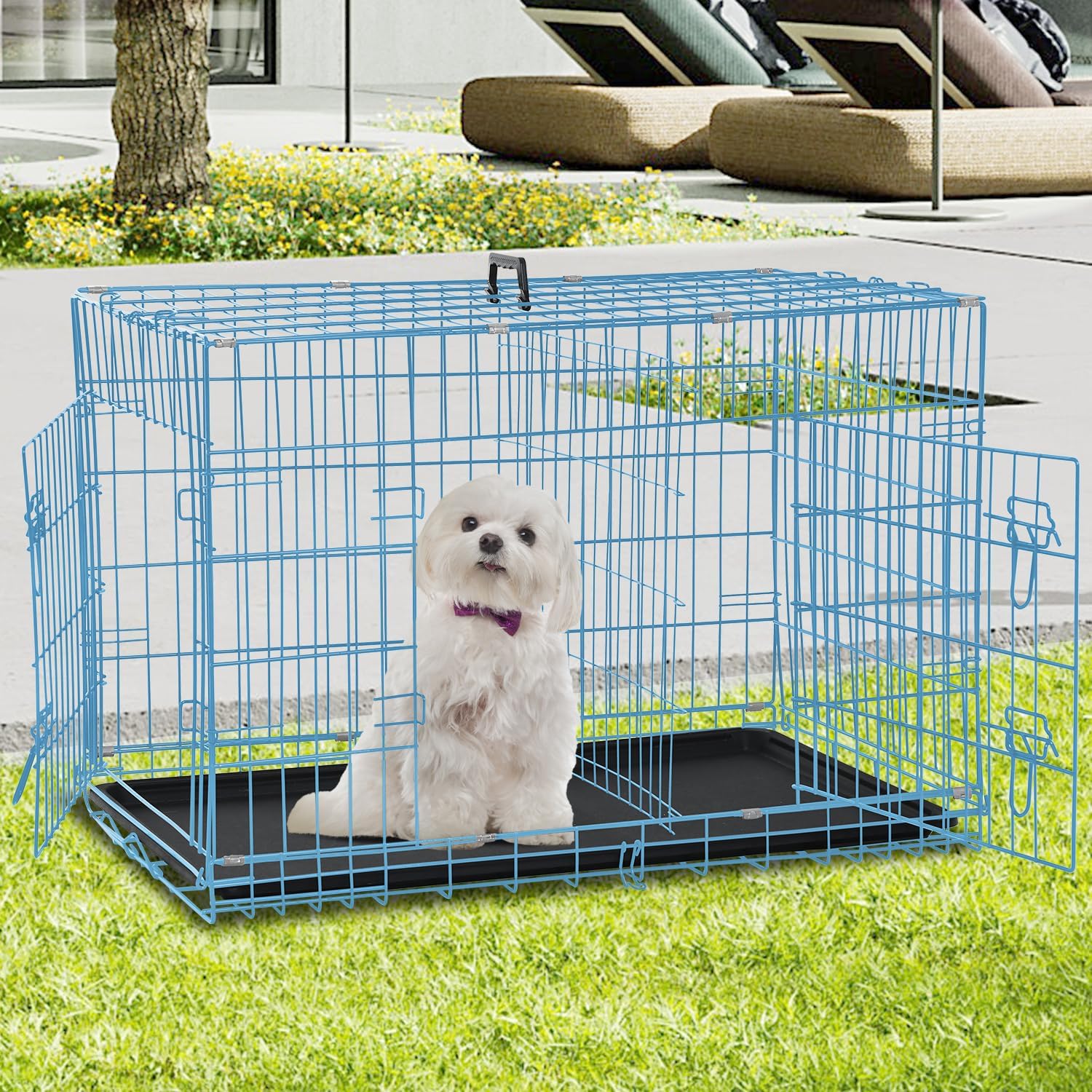 Dog Crate for Large Medium Small Dogs, Folding Dog Kennel Cage with Plastic Tray & Divider 48"/42"/ 36"/ 30"/ 24" Indoor Outdoor Metal Double Door Heavy Duty Dog Pen Enclosure, Blue(24 Inch)