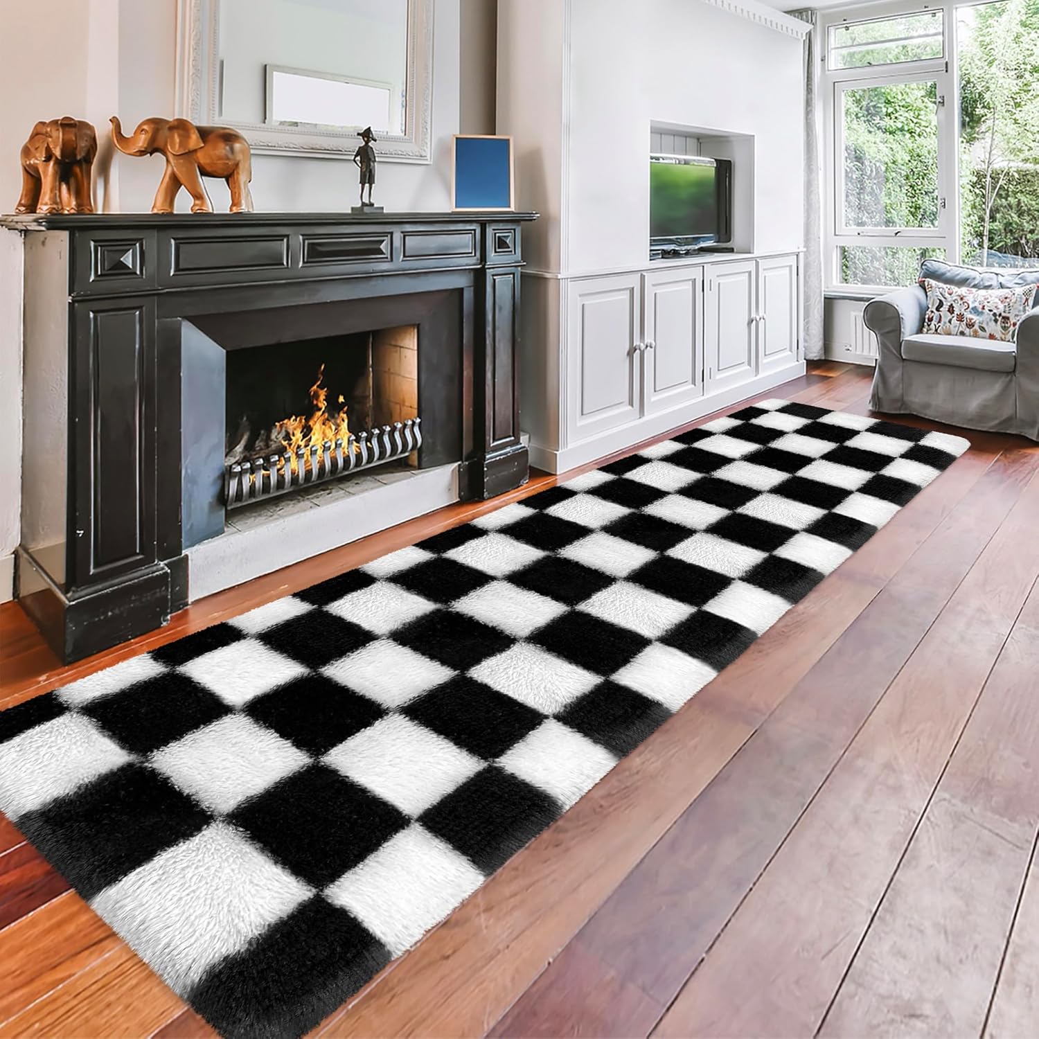 Black and White Checkered Runner Rug 2x8 Ft Washable Shaggy Fluffy Rug for Bedroom Living Room Plaid Runner Rug Fuzzy Shag Carpet Non Slip for Bedside Hallway Sofa Home Dorm