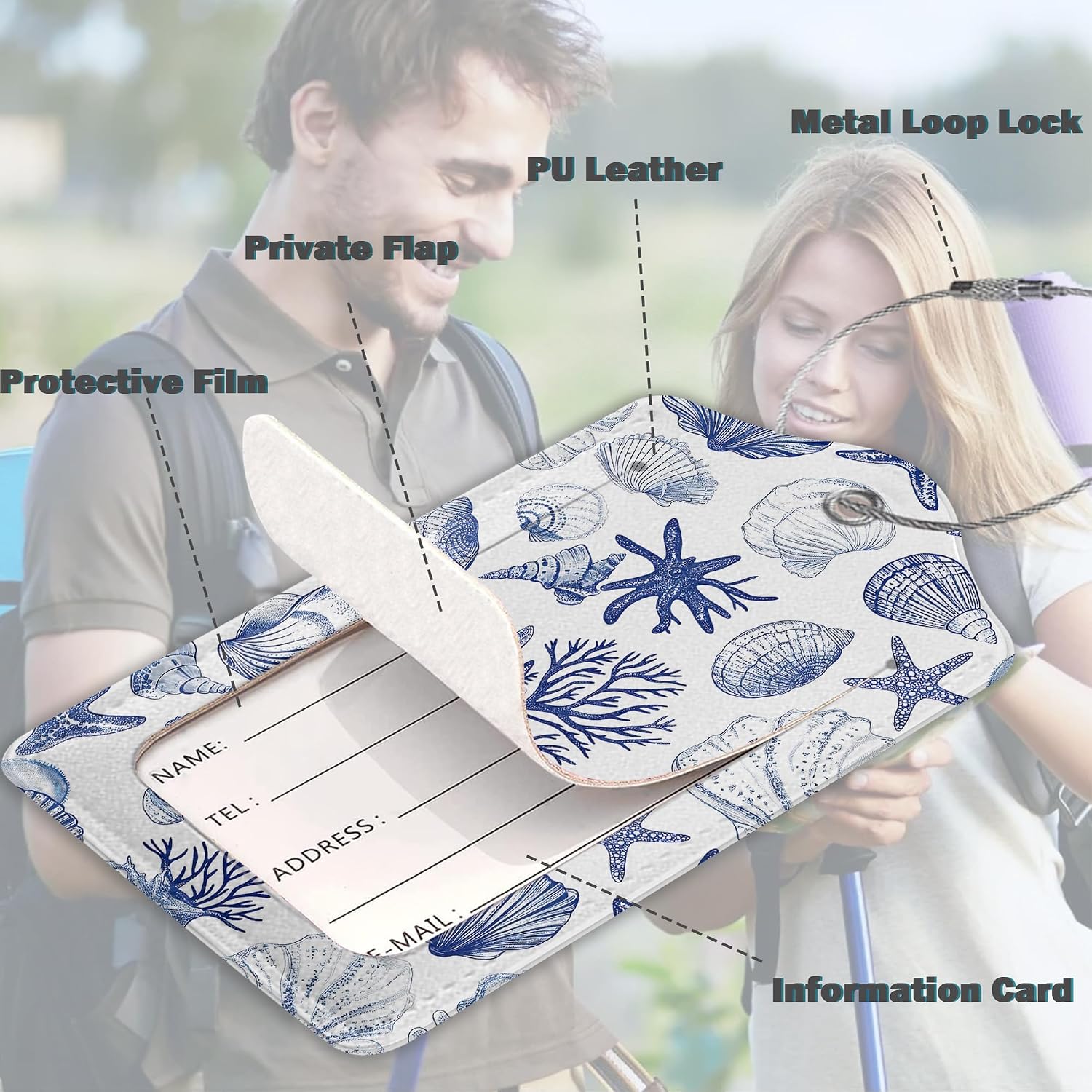 Blue Seashells Starfis Luggage Tags for Suitcases Durable Leather Luggage Tags Cute Travel Name Tags for Cruise Ships Travel Essentials 3 Pack image 3