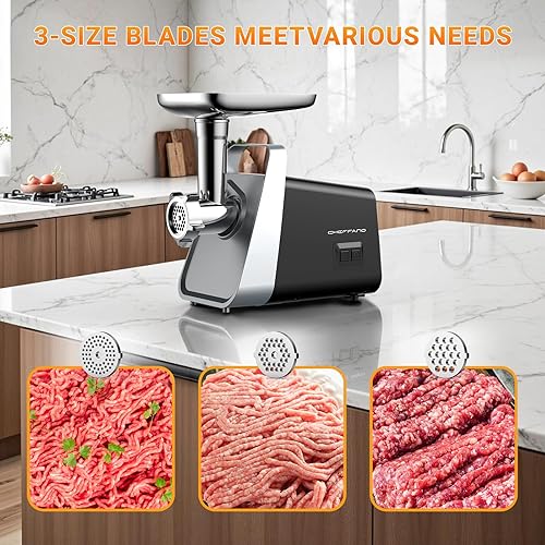 Miniatura 2 de Picadora eléctrica de carne, relleno de salchichas con tubo de salchicha, 2 cuchillas, 3 platos, kit Kubbe, 2800 W máximo, picadora de carne