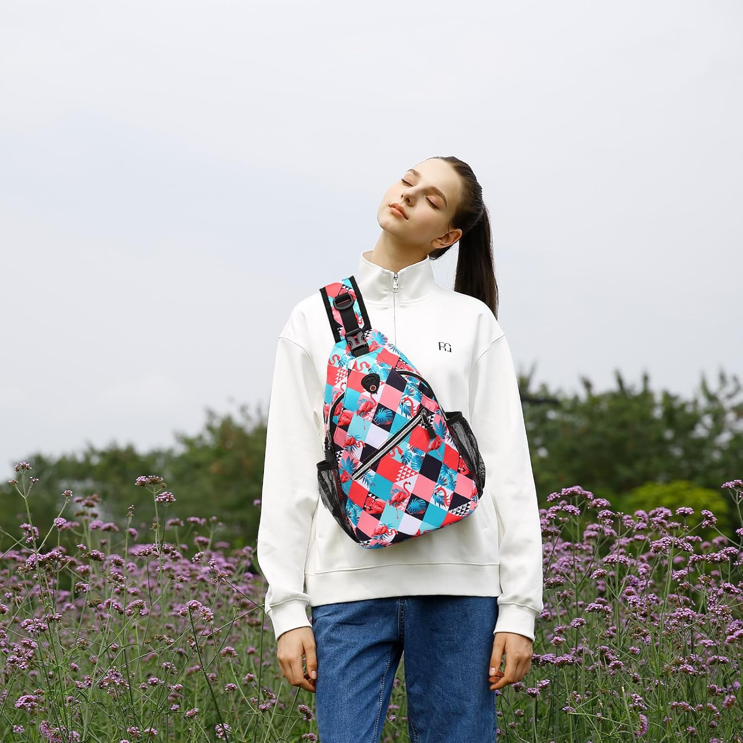 MOSISO Crossbody Sling Backpack, Portable Travel Hiking Daypack Chest Sling Bag Casual Daypack One Strap Chest Backpack for Women Men Outdoor Hiking Travel, Flamingo&Rhombic Grid - Image 6