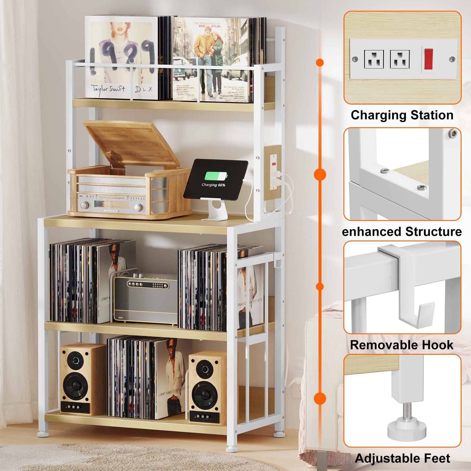 EasyCom Supporto per giradischi con contenitore in vinile, supporto per giradischi può contenere fino a 300 album, grande tavolo per giradischi con stazione di ricarica, supporto per dischi in vinile