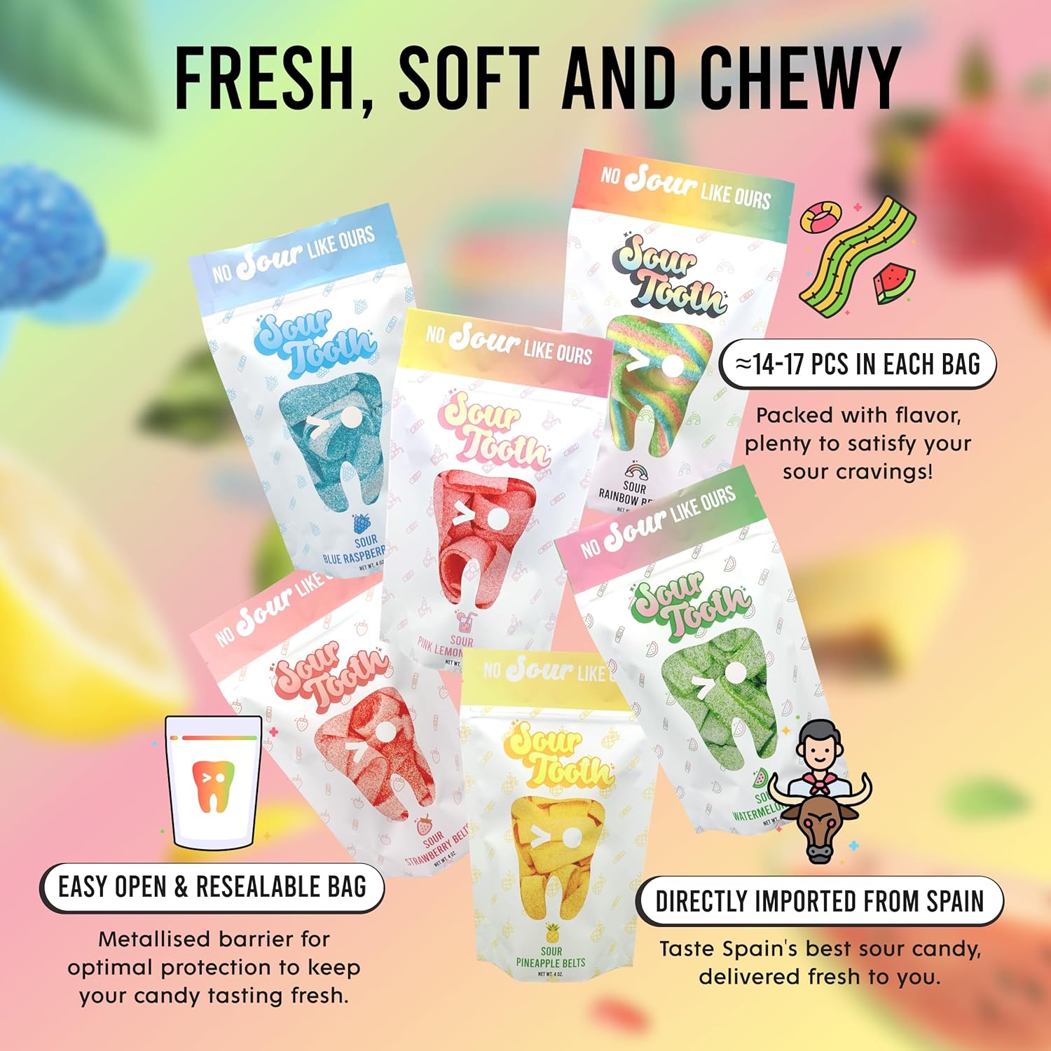 Fruity Berry Sour Belts Candy, 6 Pack Gummy Sour Strips, Blue Raspberry, Rainbow, Strawberry, Watermelon, Pink Lemonade and Pineapple, Super Sour Strips, Fresh, Soft and Chewy, 14 Per Bag, 4 oz