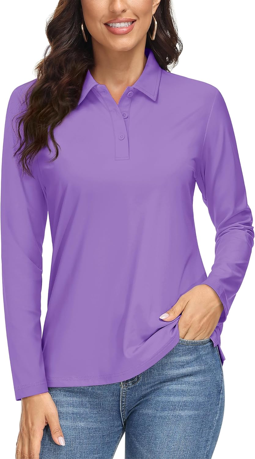 MAGCOMSEN Women's Long Sleeve Polo Shirts UPF 50+ Golf Tops Moisture Wicking Collared Shirt Tennis 3-Button