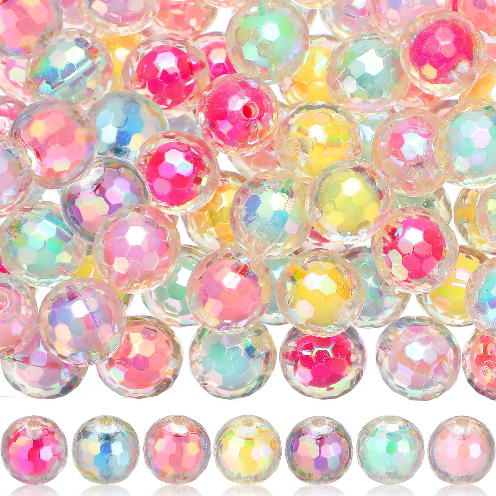 NALACAL 100 Pcs Shiny Color Acrylic Faceted Beads, 7 Colors Mixed, 16MM Round Beads for DIY Jewelry, Bracelet, Necklace, Keychain, School Gifts, Pen Decoration, Cute Candy Colors Spacer Beads