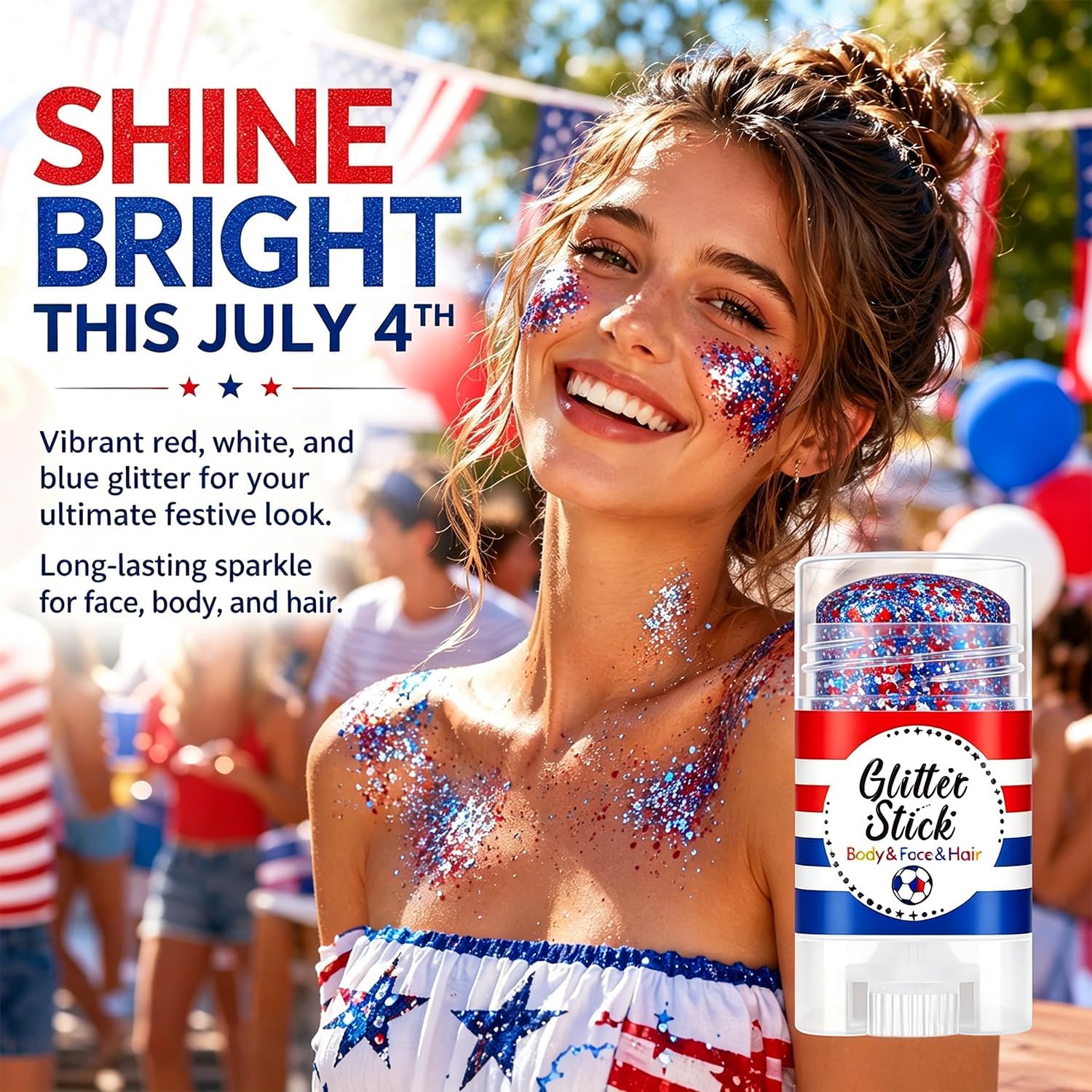 4th of July Glitter Stick, Red White and Blue Glitter Stick, Body Glitter, Patriotic USA Flag Makeup for Independence Day & 250 Anniversary, Fourth of July Decorations, 4th of July Outfits for Women