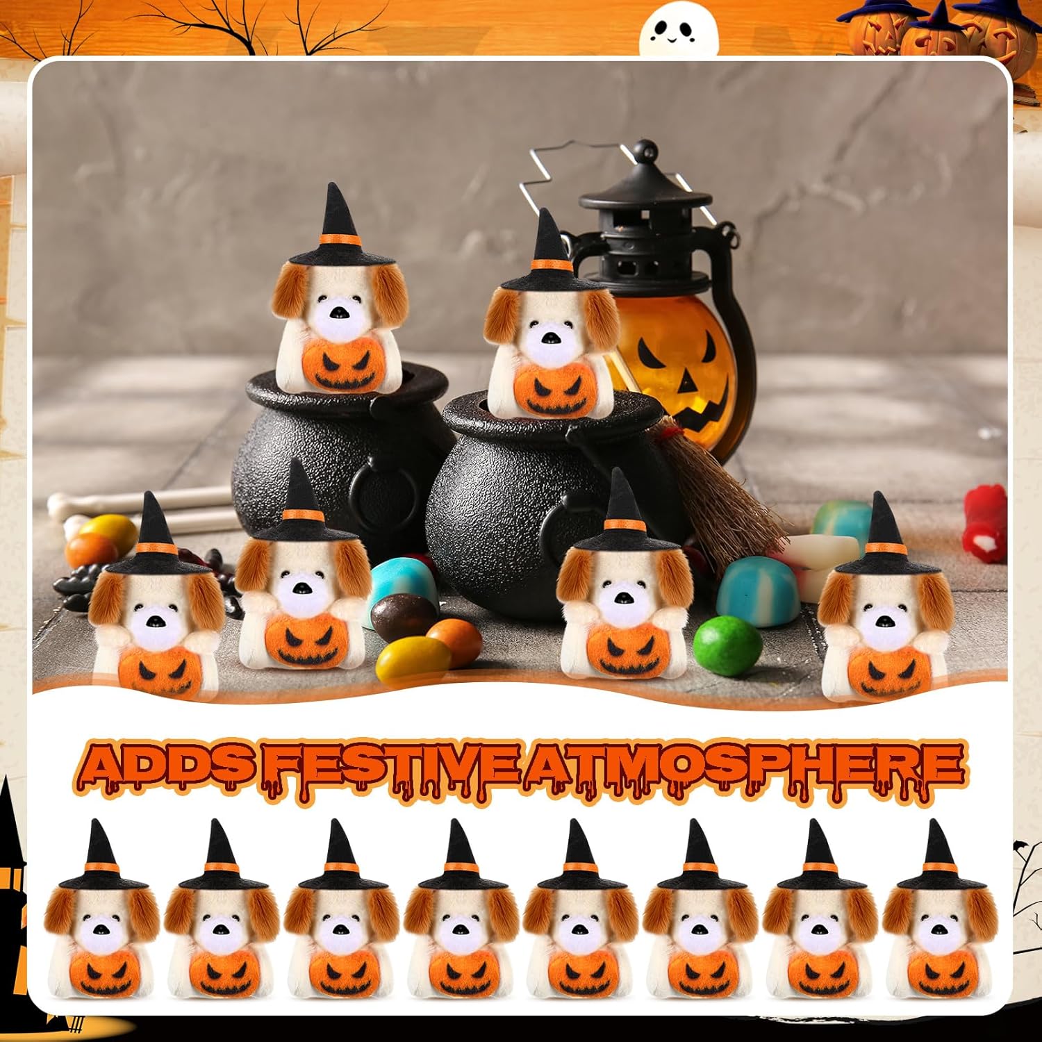 Civaner 24 Pcs Mini Halloween Stuffed Animals Bulk Tiny Small Halloween Soft Plush Animals Keychains with Witch Hat Pumpkin for Trick or Treat Exchange Gift Goodie Bag Fillers Party Favors(Dog)
