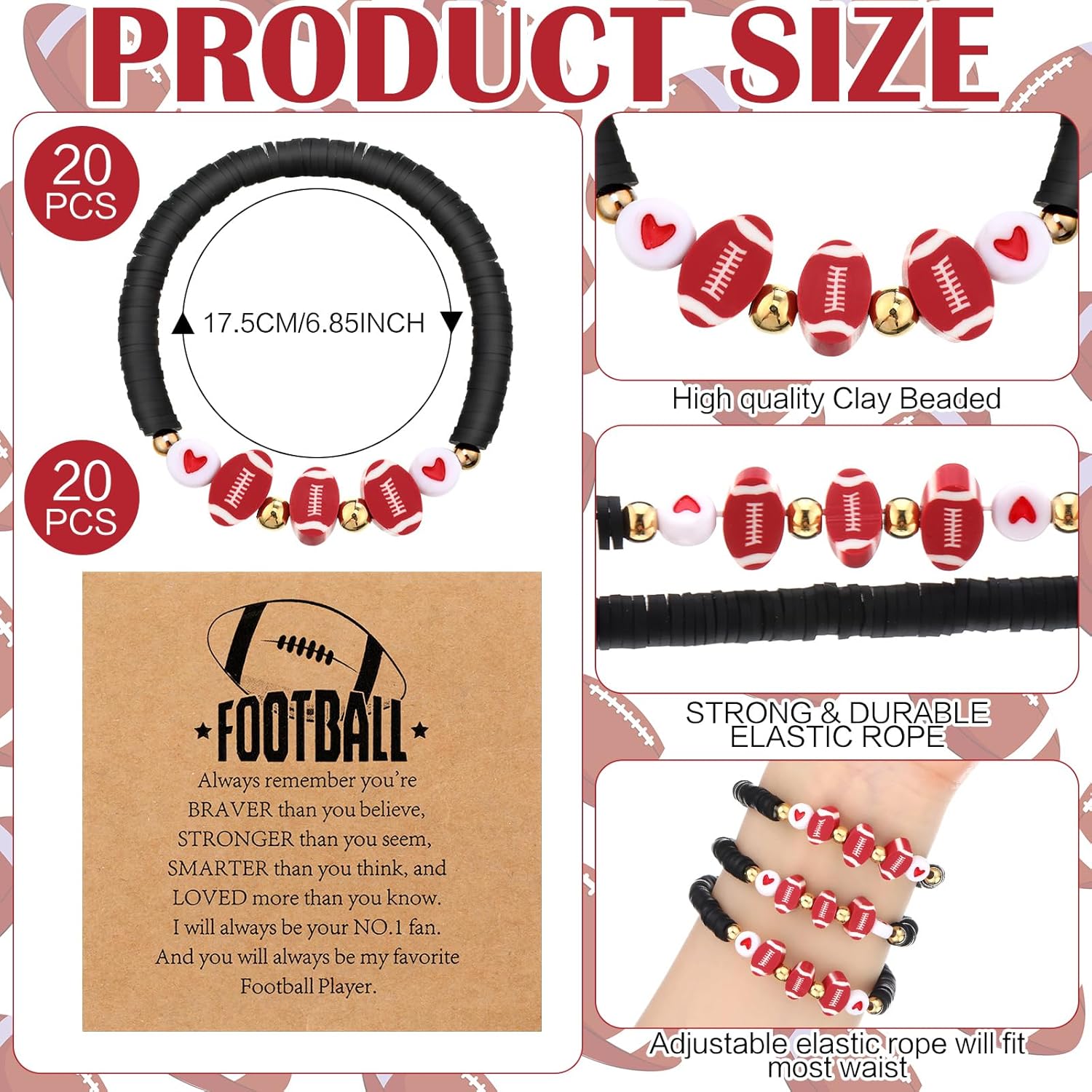 20 Set Sport Bracelets Team Gift Bead Ball Bracelet Bulk Adjustable with Inspirational Card Charm Bracelets for Baseball Football Birthday Party Favor Gift(Black,Football) - Image 2