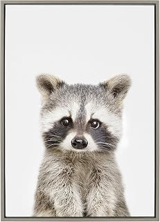 Kate and Laurel Sylvie Baby Raccoon Animal Print Portrait Framed Canvas Wall Art by Amy Peterson, 23x33 Gray