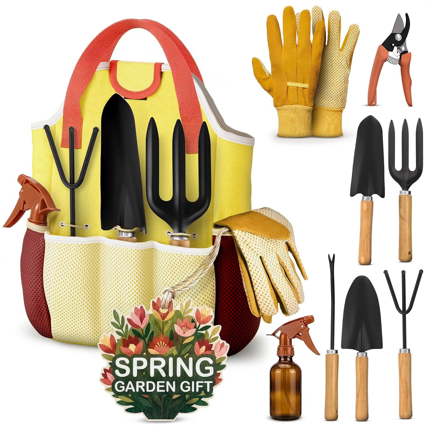 Compact Gardening Tool Set of 9 - Mini Garden Kit for Women with Multiple Pockets, Rust-Proof Steel Planting Tools for Gardeners - Portable Garden Tool Bag, Outdoor and Indoor Gardening Kit for Women