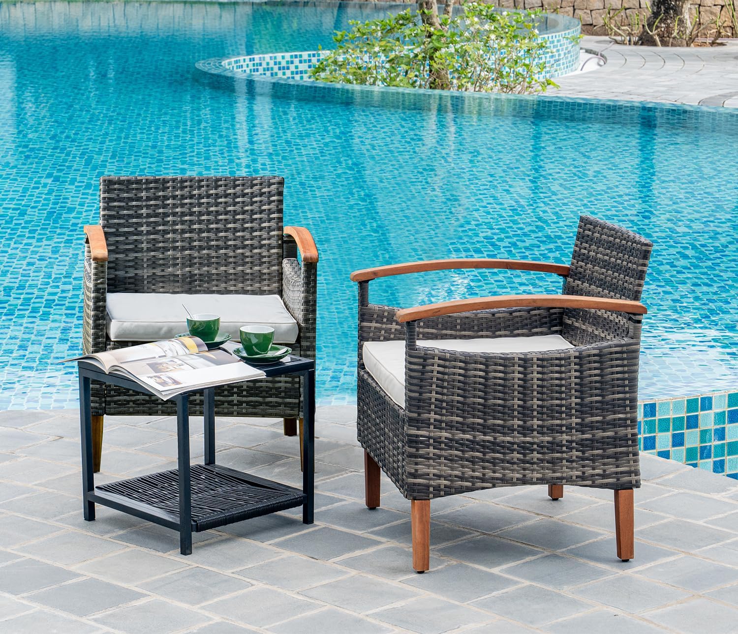 3 Pcs Outdoor Patio Furniture Sets, Outdoor Patio Rattan Chair with Side Coffee Table, Conversation Set Outdoor for Yard Garden Backyard Lawn (Gray)