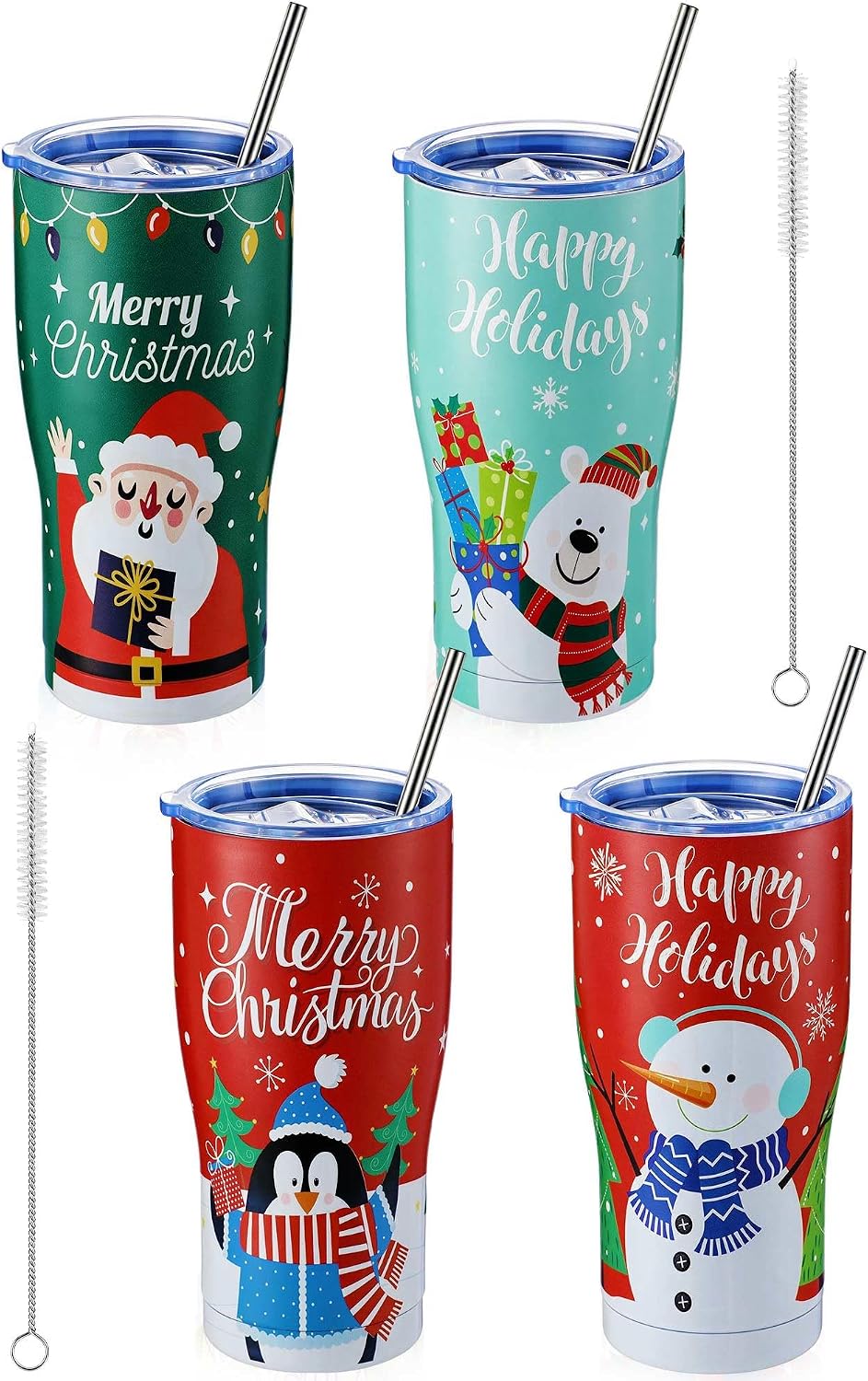 Skylety 4 Sets 20oz Christmas Tumblers with Lids and Straws Christmas Stainless Steel Tumbler Double Wall Insulated Travel Coffee Mug for Xmas Gift Holiday Family Friend Drinks (Penguin)
