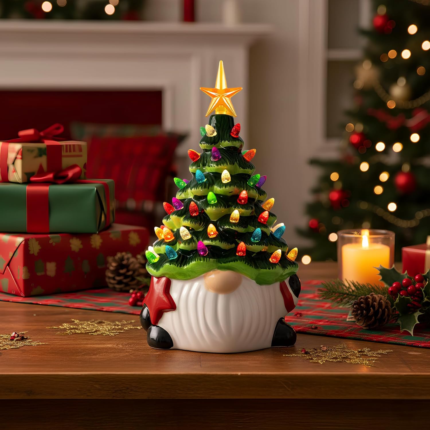 XPSCOCO Ceramic Gnome Christmas Tree, Christmas Decor Indoor with 54 Multi-Colored Lights, Pre-Light Hand-Painted Hoilday Tree with 5-Pointed Star for Tabletop Decorative Xmas Decorations