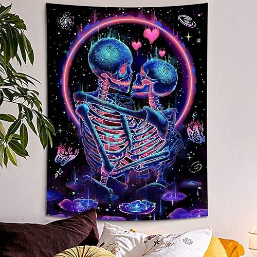 Miniatura 5 de Fungarth Tapiz de esqueleto, diseño de hongos, calavera, plantas botánicas, tapices florales estéticos para dormitorio, amantes de los besos, tapiz