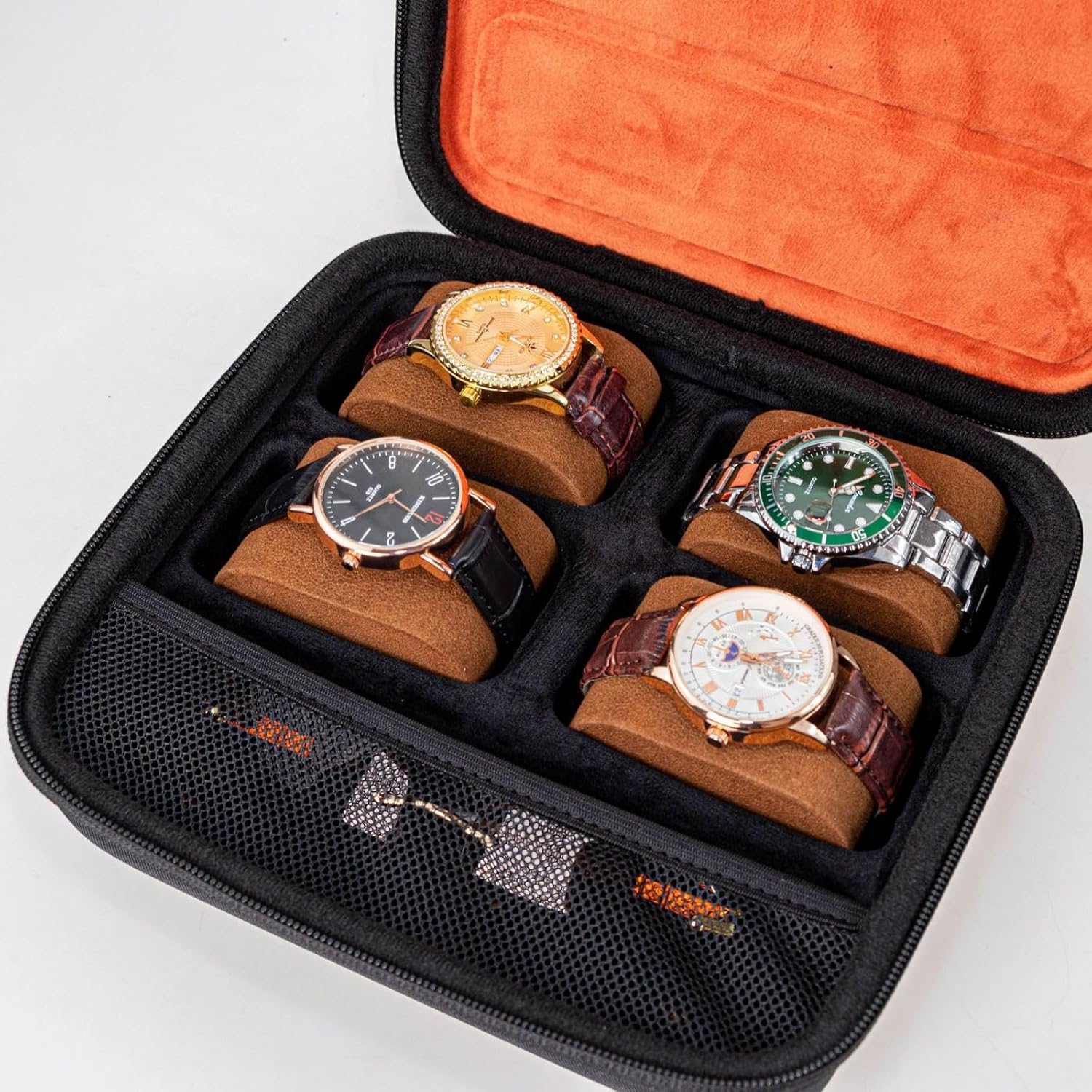 Travel Watch Case, 4 Slots Hard Shell Storage Box for Watch Glasses Accessories, Zippered Organizer Bag for Women Man(Case Only) image 4