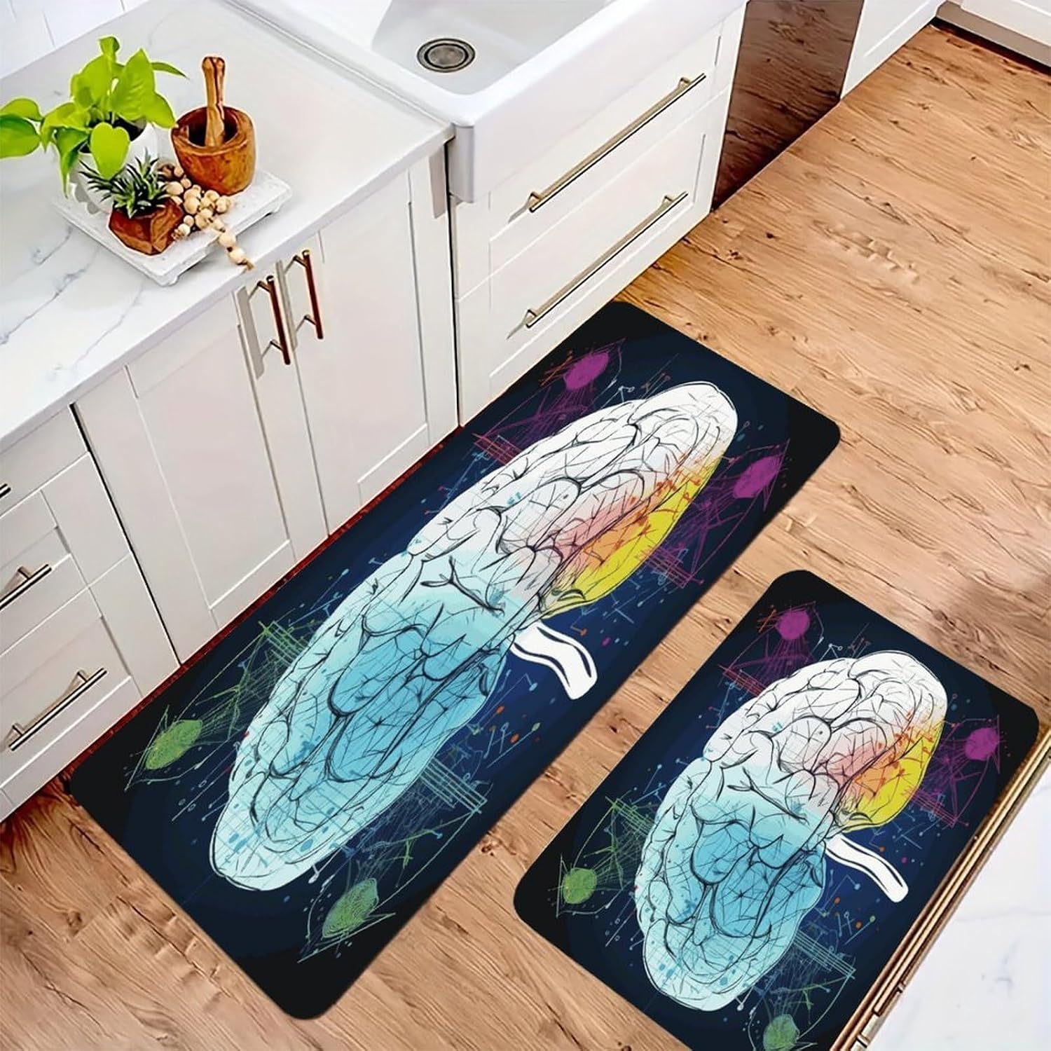 Geometry Brain Image with Science Kitchen Mat Kitchen Rug Set | Kitchen Rugs Flannel Velvety Washable breathable Water Absorbent Soft ，kitchen utensils for Kitchen, Floor,Laundry