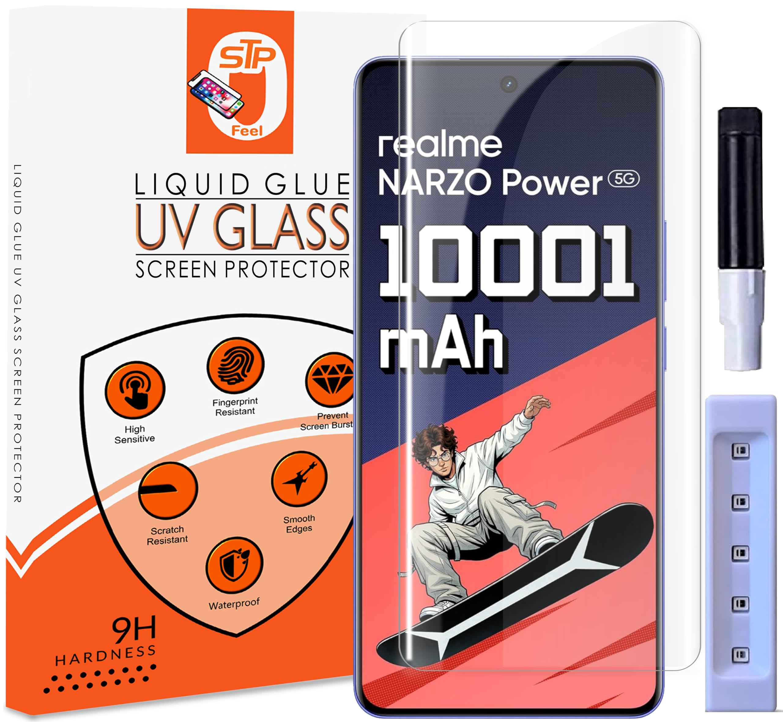 STP FEEL® Premium UV Tempered Glass Screen Protector Guard Compatible For Realme Narzo Power 5G (6.8 Inch, Pack of 1) Full Adhesive UV Curved Case Friendly HD Clarity with easy installation kit-image-35